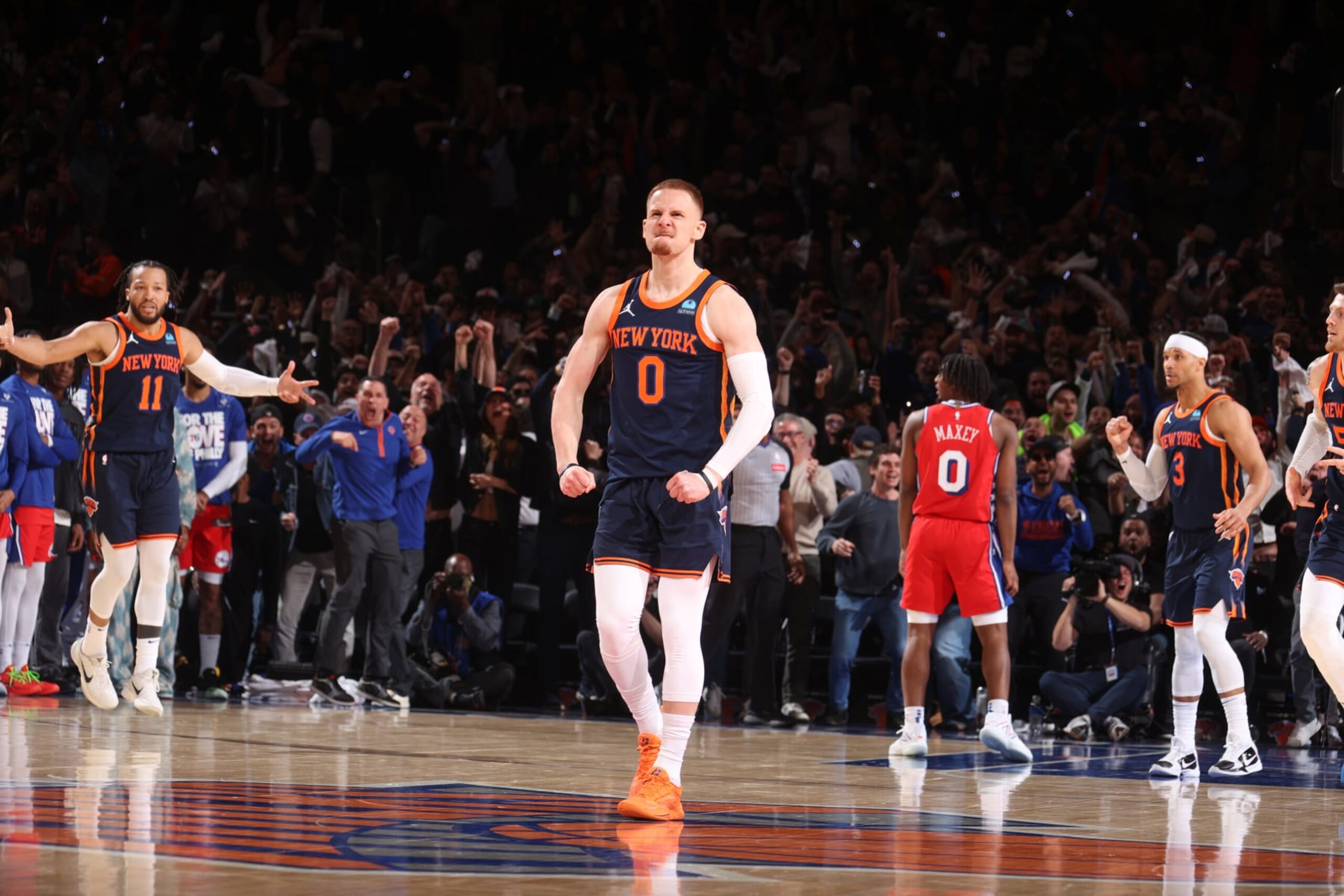 NEW YORK, NY - APRIL 22:  Donte Divincenzo #0 of the New York Knicks celebrates during the game against the Philadelphia 76ers during Round 1 Game 2 of the 2024 NBA Playoffs on April 22, 2024 at Madison Square Garden in New York City, New York.  NOTE TO USER: User expressly acknowledges and agrees that, by downloading and or using this photograph, User is consenting to the terms and conditions of the Getty Images License Agreement. Mandatory Copyright Notice: Copyright 2024 NBAE  (Photo by Nathaniel S. Butler/NBAE via Getty Images)
