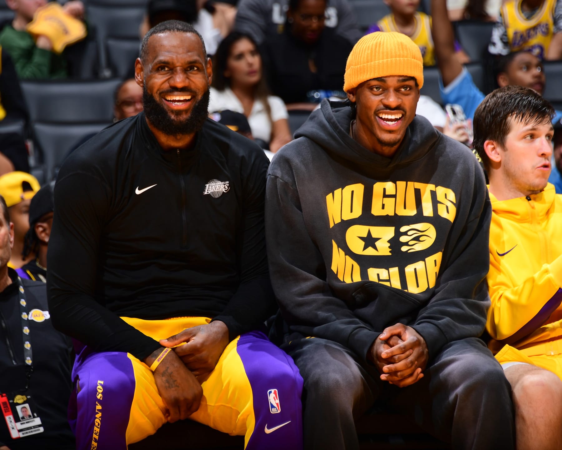 LOS ANGELES, CA - MARCH 18:  LeBron James #23 of the Los Angeles Lakers & Jarred Vanderbilt #2 of the Los Angeles Lakers smiles and look on during the game on March 18, 2024 at Crypto.Com Arena in Los Angeles, California. NOTE TO USER: User expressly acknowledges and agrees that, by downloading and/or using this Photograph, user is consenting to the terms and conditions of the Getty Images License Agreement. Mandatory Copyright Notice: Copyright 2024 NBAE (Photo by Adam Pantozzi/NBAE via Getty Images)