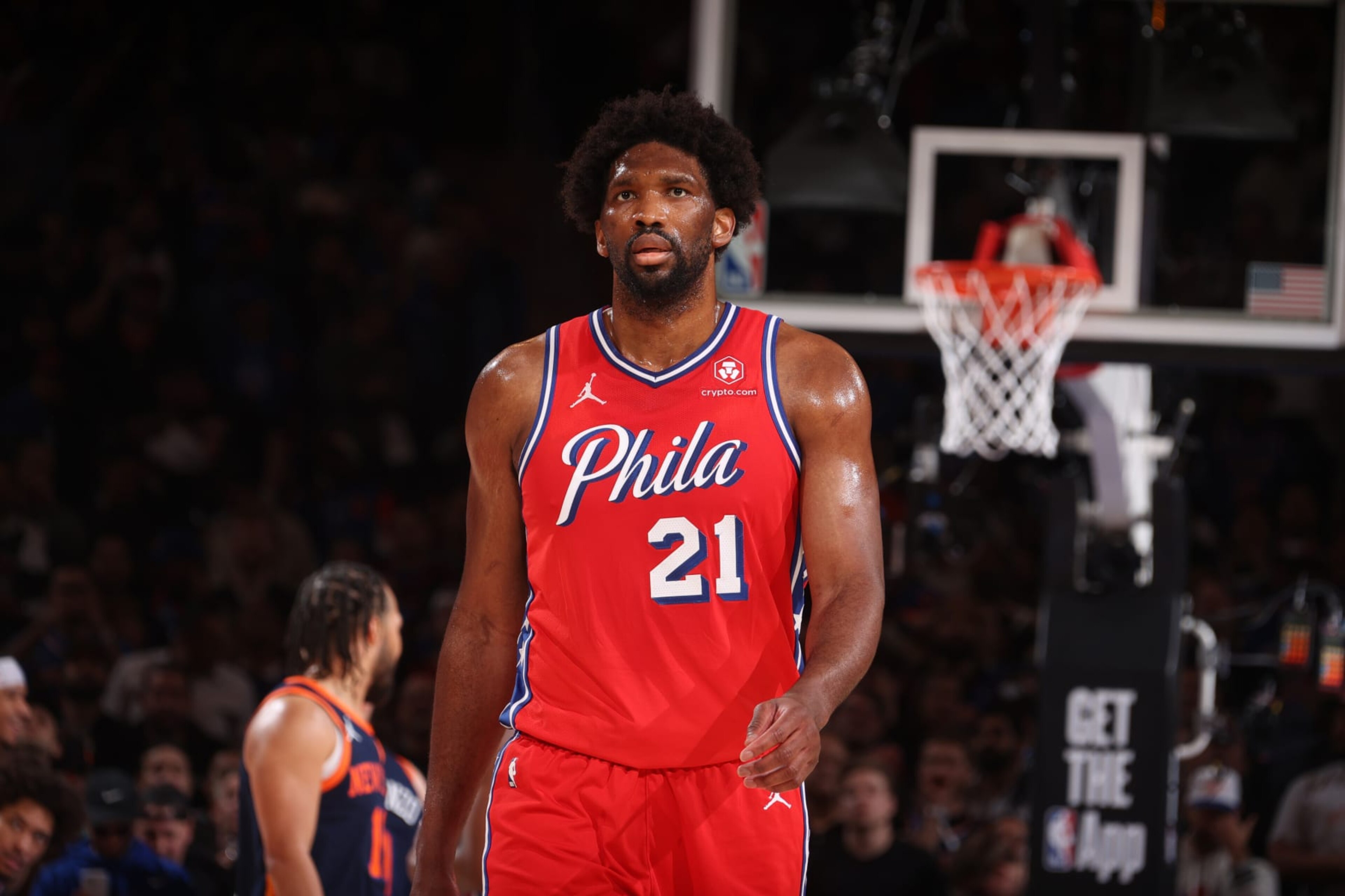 NEW YORK, NY - APRIL 22:  Joel Embiid #21 of the Philadelphia 76ers looks on during the game against the New York Knicks during Round 1 Game 2 of the 2024 NBA Playoffs on April 22, 2024 at Madison Square Garden in New York City, New York.  NOTE TO USER: User expressly acknowledges and agrees that, by downloading and or using this photograph, User is consenting to the terms and conditions of the Getty Images License Agreement. Mandatory Copyright Notice: Copyright 2024 NBAE  (Photo by Nathaniel S. Butler/NBAE via Getty Images)