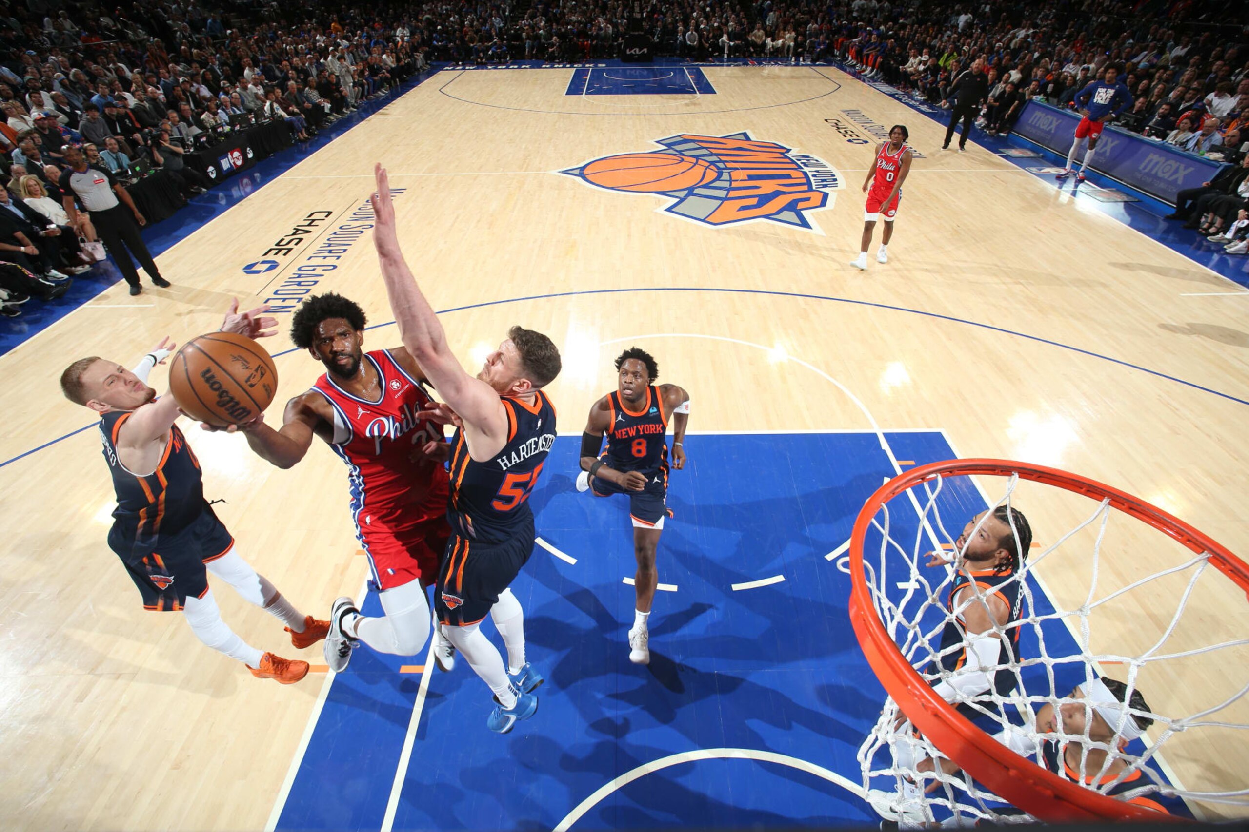 NEW YORK, NY - APRIL 22: Joel Embiid #21 of the Philadelphia 76ers goes to the basket during the game against the New York Knicks during Round 1 Game 2 of the 2024 NBA Playoffs on April 22, 2024 at Madison Square Garden in New York City, New York. NOTE TO USER: User expressly acknowledges and agrees that, by downloading and or using this photograph, User is consenting to the terms and conditions of the Getty Images License Agreement. Mandatory Copyright Notice: Copyright 2024 NBAE (Photo by Nathaniel S. Butler/NBAE via Getty Images) NEW YORK, NY - APRIL 22: Joel Embiid #21 of the Philadelphia 76ers goes to the basket during the game against the New York Knicks during Round 1 Game 2 of the 2024 NBA Playoffs on April 22, 2024 at Madison Square Garden in New York City, New York. NOTE TO USER: User expressly acknowledges and agrees that, by downloading and or using this photograph, User is consenting to the terms and conditions of the Getty Images License Agreement. Mandatory Copyright Notice: Copyright 2024 NBAE (Photo by Nathaniel S. Butler/NBAE via Getty Images)