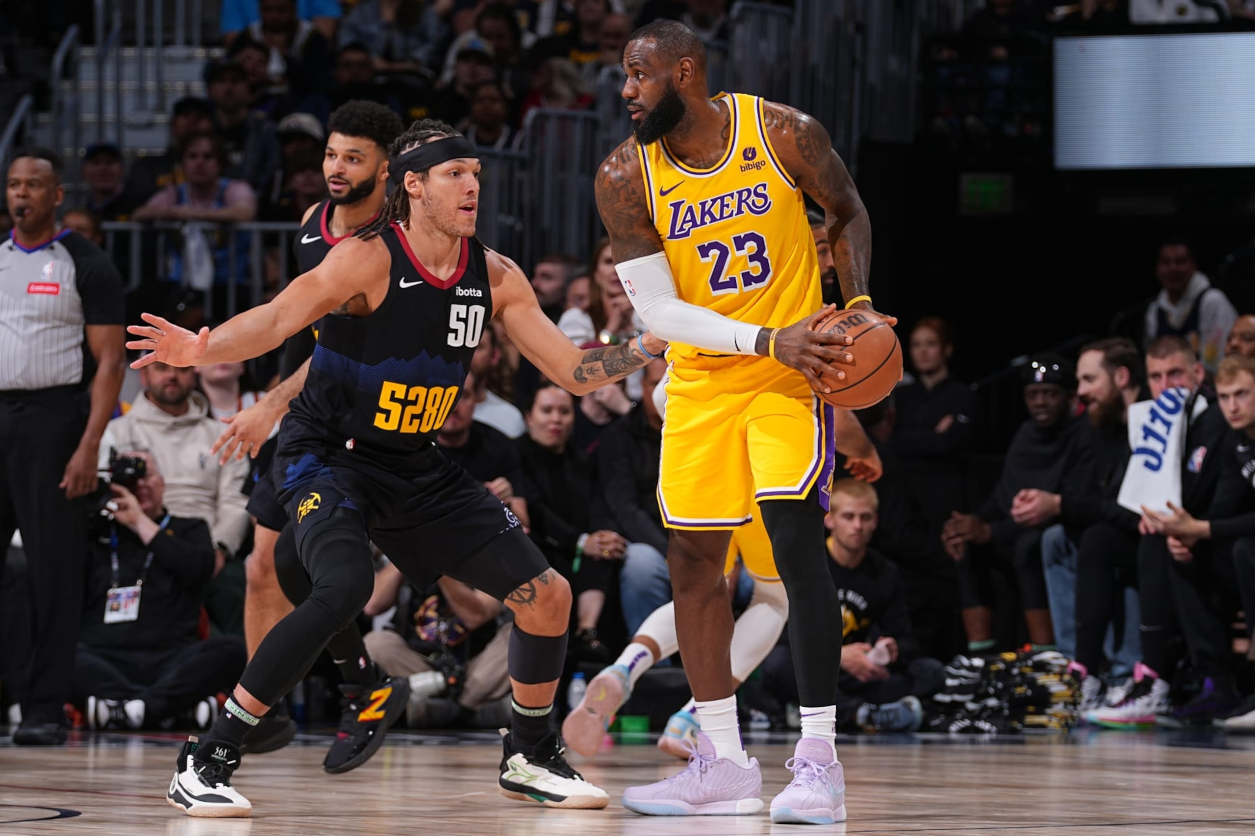 DENVER, CO - APRIL 22: LeBron James #23 of the Los Angeles Lakers handles the ball during the game against the Denver Nuggets on April 22, 2024 at the Ball Arena in Denver, Colorado. NOTE TO USER: User expressly acknowledges and agrees that, by downloading and/or using this Photograph, user is consenting to the terms and conditions of the Getty Images License Agreement. Mandatory Copyright Notice: Copyright 2024 NBAE (Photo by Bart Young/NBAE via Getty Images) DENVER, CO - APRIL 22: LeBron James #23 of the Los Angeles Lakers handles the ball during the game against the Denver Nuggets on April 22, 2024 at the Ball Arena in Denver, Colorado. NOTE TO USER: User expressly acknowledges and agrees that, by downloading and/or using this Photograph, user is consenting to the terms and conditions of the Getty Images License Agreement. Mandatory Copyright Notice: Copyright 2024 NBAE (Photo by Bart Young/NBAE via Getty Images)