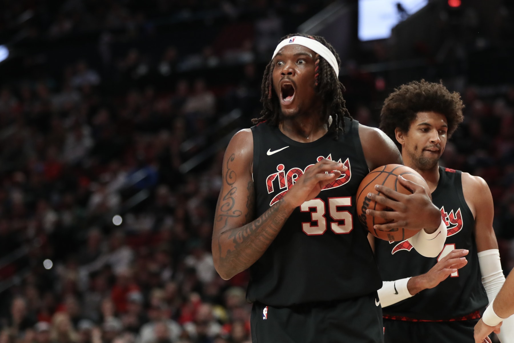 PORTLAND, OREGON - NOVEMBER 03: Robert Williams III #35 of the Portland Trail Blazers reacts to a call during the fourth quarter against the Memphis Grizzlies during the NBA In-Season Tournament at Moda Center on November 03, 2023 in Portland, Oregon. NOTE TO USER: User expressly acknowledges and agrees that, by downloading and or using this photograph, User is consenting to the terms and conditions of the Getty Images License Agreement. 
 (Photo by Amanda Loman/Getty Images)