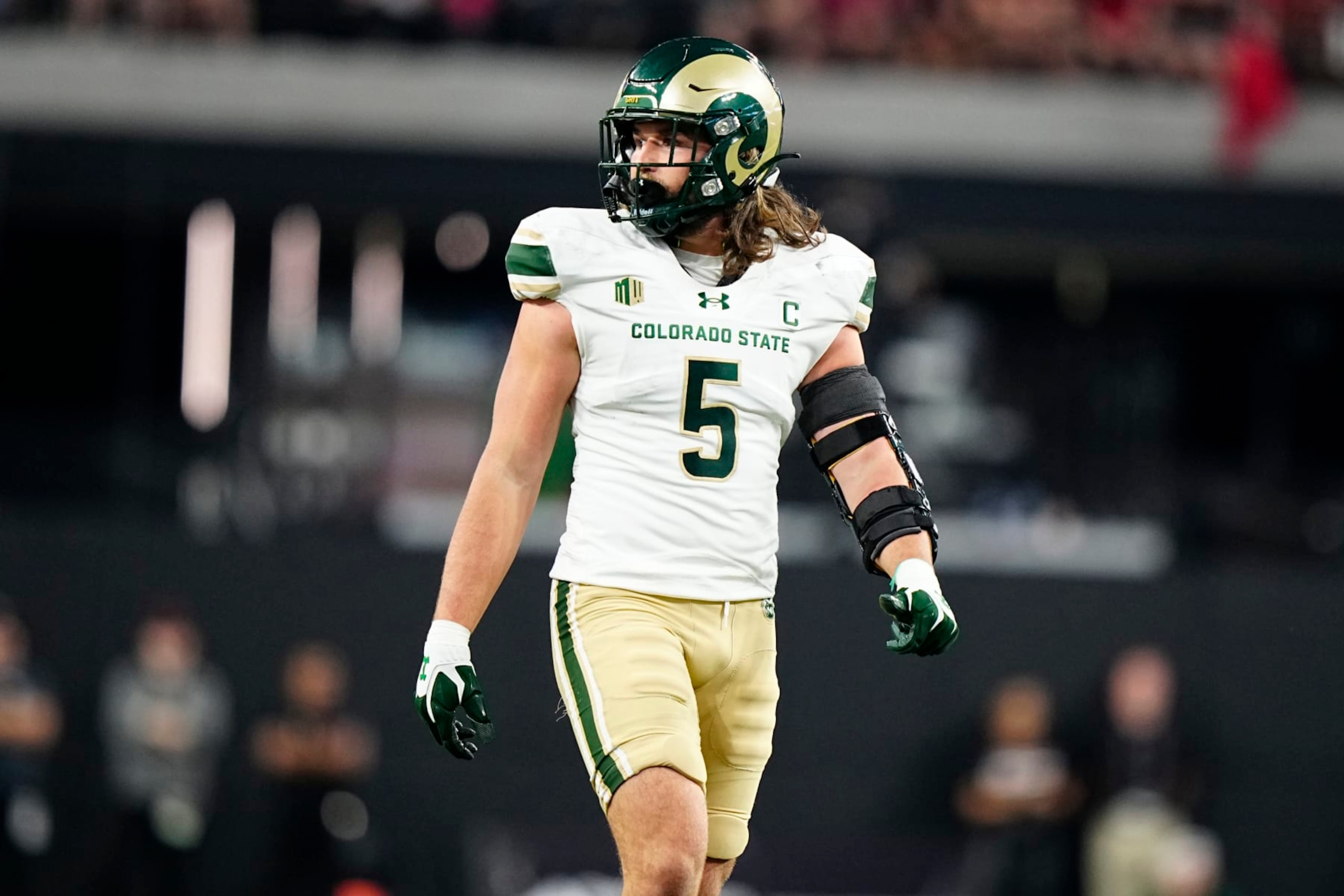 LAS VEGAS, NEVADA - OCTOBER 21: Dallin Holker #5 of the Colorado State Rams looks on in the second half of a game against the UNLV Rebels at Allegiant Stadium on October 21, 2023 in Las Vegas, Nevada. Rebels defeat the Rams 25-23 (Photo by Louis Grasse/Getty Images)