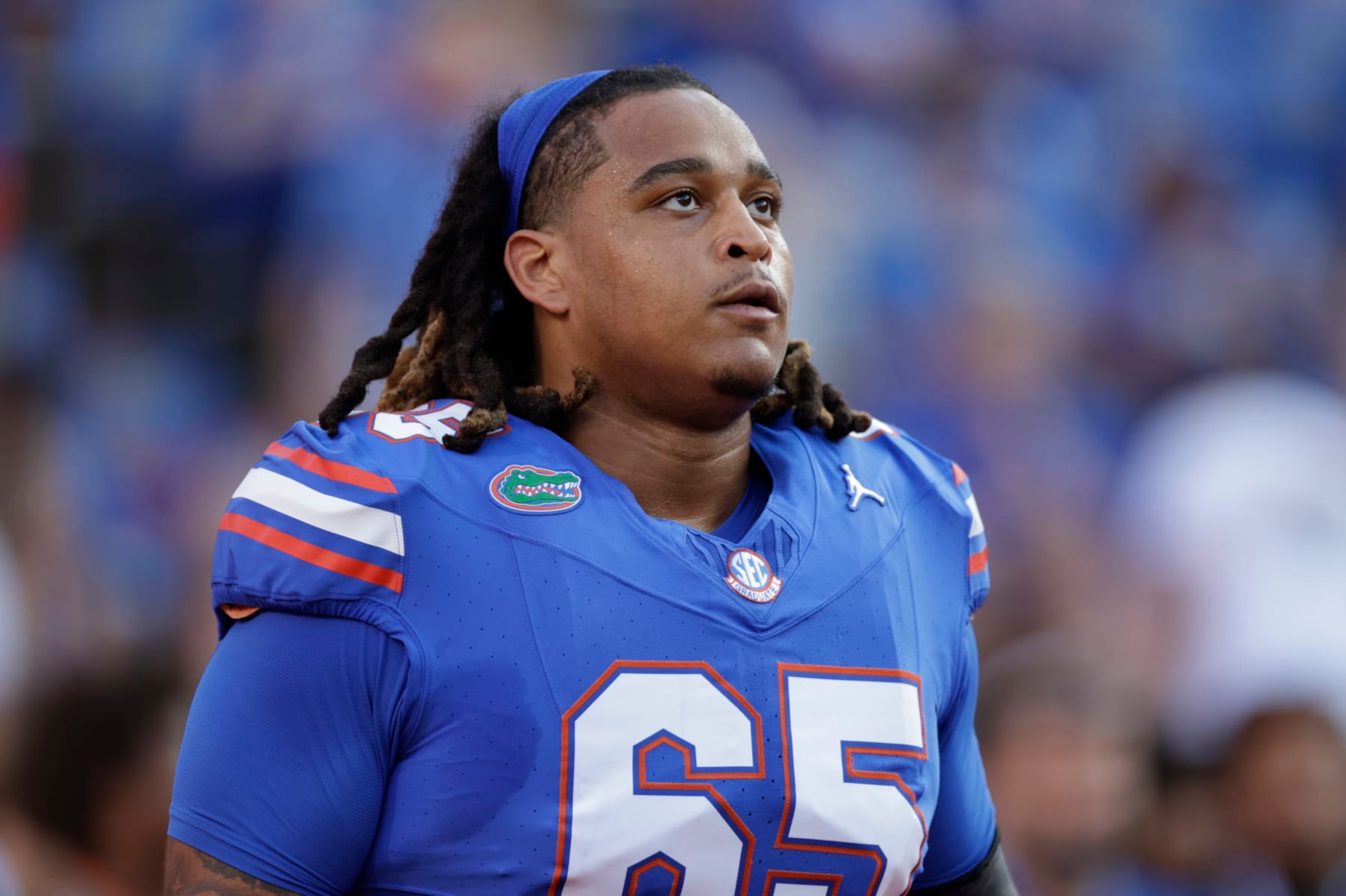 GAINESVILLE, FL - SEPTEMBER 16: Florida Gators offensive lineman Kingsley Eguakun (65) during the game between theTennessee Volunteers and theFlorida Gators on September 16, 2023 at Ben Hill Griffin Stadium at Florida Field in Gainesville, Fl. (Photo by David Rosenblum/Icon Sportswire via Getty Images) GAINESVILLE, FL - SEPTEMBER 16: Florida Gators offensive lineman Kingsley Eguakun (65) during the game between theTennessee Volunteers and theFlorida Gators on September 16, 2023 at Ben Hill Griffin Stadium at Florida Field in Gainesville, Fl. (Photo by David Rosenblum/Icon Sportswire via Getty Images)