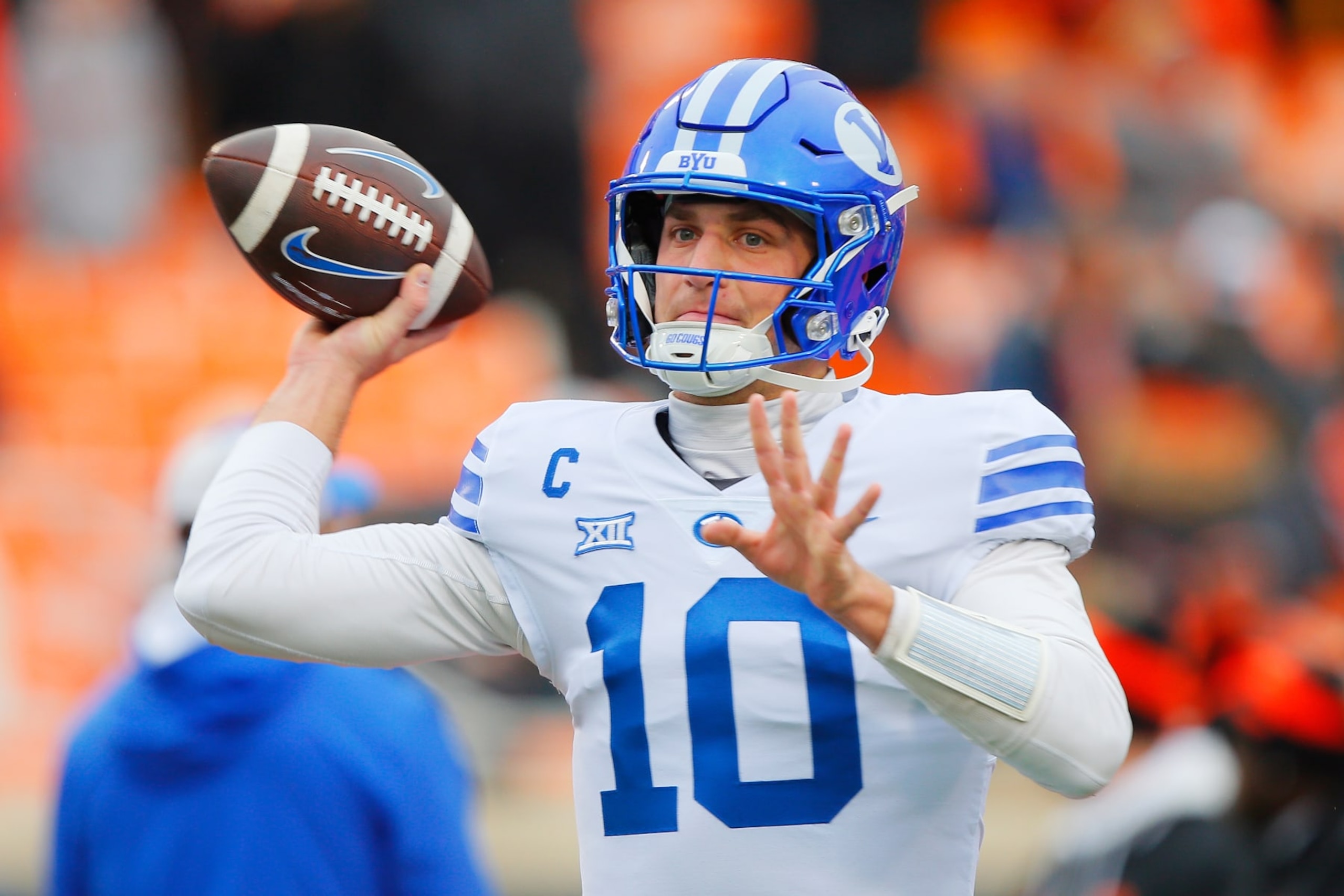 STILLWATER, OK - NOVEMBER 25:  Quarterback Kedon Slovis #10 of the BYU Cougars throws before a game against the Oklahoma State Cowboys at Boone Pickens Stadium on November 25, 2023 in Stillwater, Oklahoma.  Oklahoma State won 40-34 in double overtime.  (Photo by Brian Bahr/Getty Images)