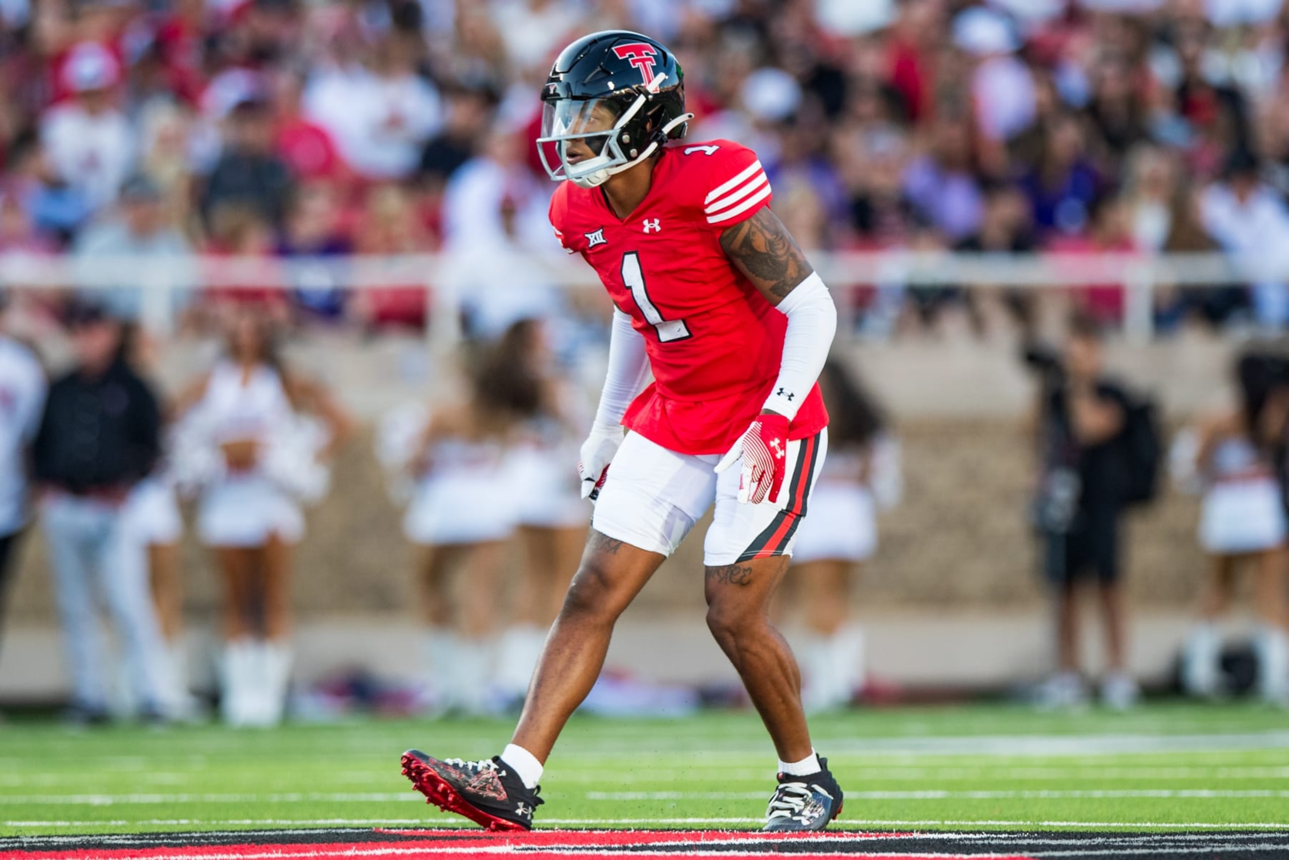 LUBBOCK, TEXAS - SEPTEMBER 16: Dadrion Taylor-Demerson #1 of the Texas Tech Red Raiders backpedals during the first half of the game against the Tarleton State Texans at Jones AT&T Stadium on September 16, 2023 in Lubbock, Texas. (Photo by John E. Moore III/Getty Images) LUBBOCK, TEXAS - SEPTEMBER 16: Dadrion Taylor-Demerson #1 of the Texas Tech Red Raiders backpedals during the first half of the game against the Tarleton State Texans at Jones AT&T Stadium on September 16, 2023 in Lubbock, Texas. (Photo by John E. Moore III/Getty Images)