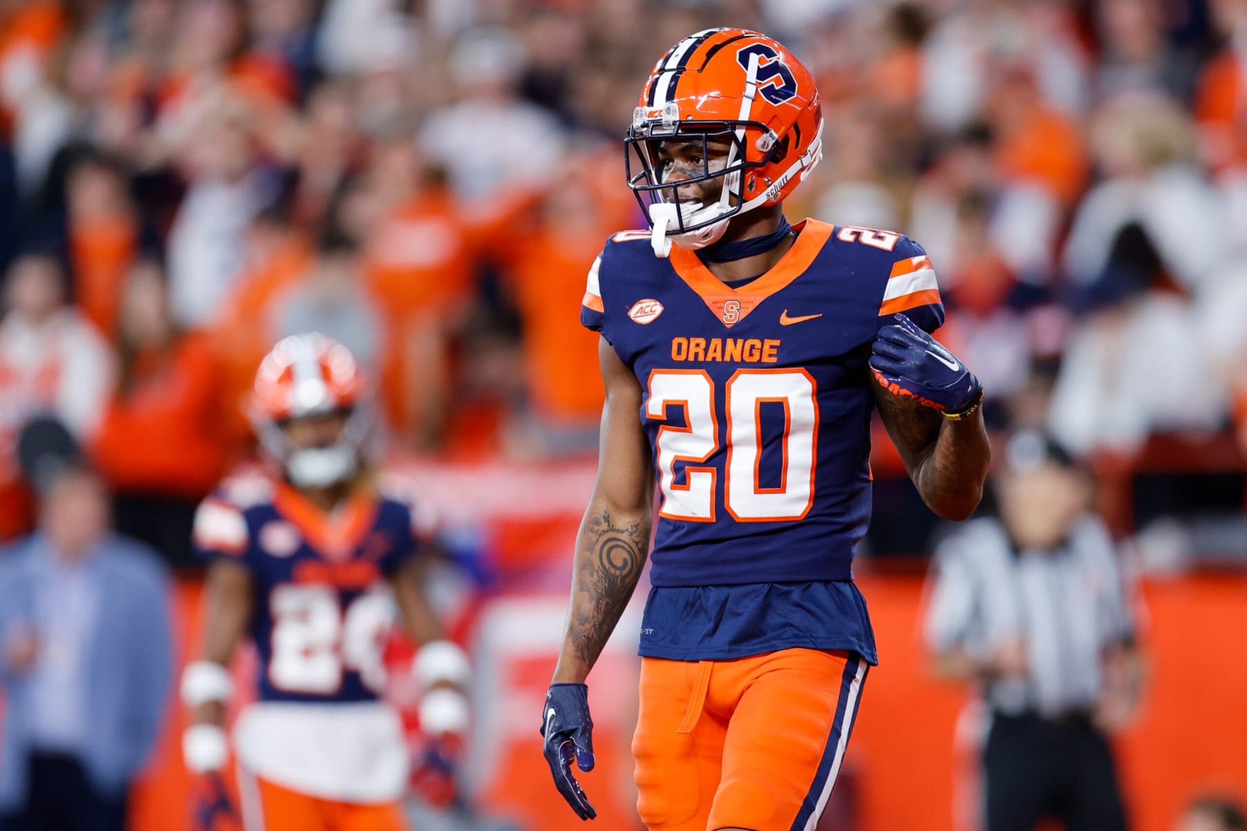 SYRACUSE, NY - NOVEMBER 12: Isaiah Johnson #20 of the Syracuse Orange walks on the field at JMA Wireless Dome on November 12, 2022 in Syracuse, New York. (Photo by Isaiah Vazquez/Getty Images)