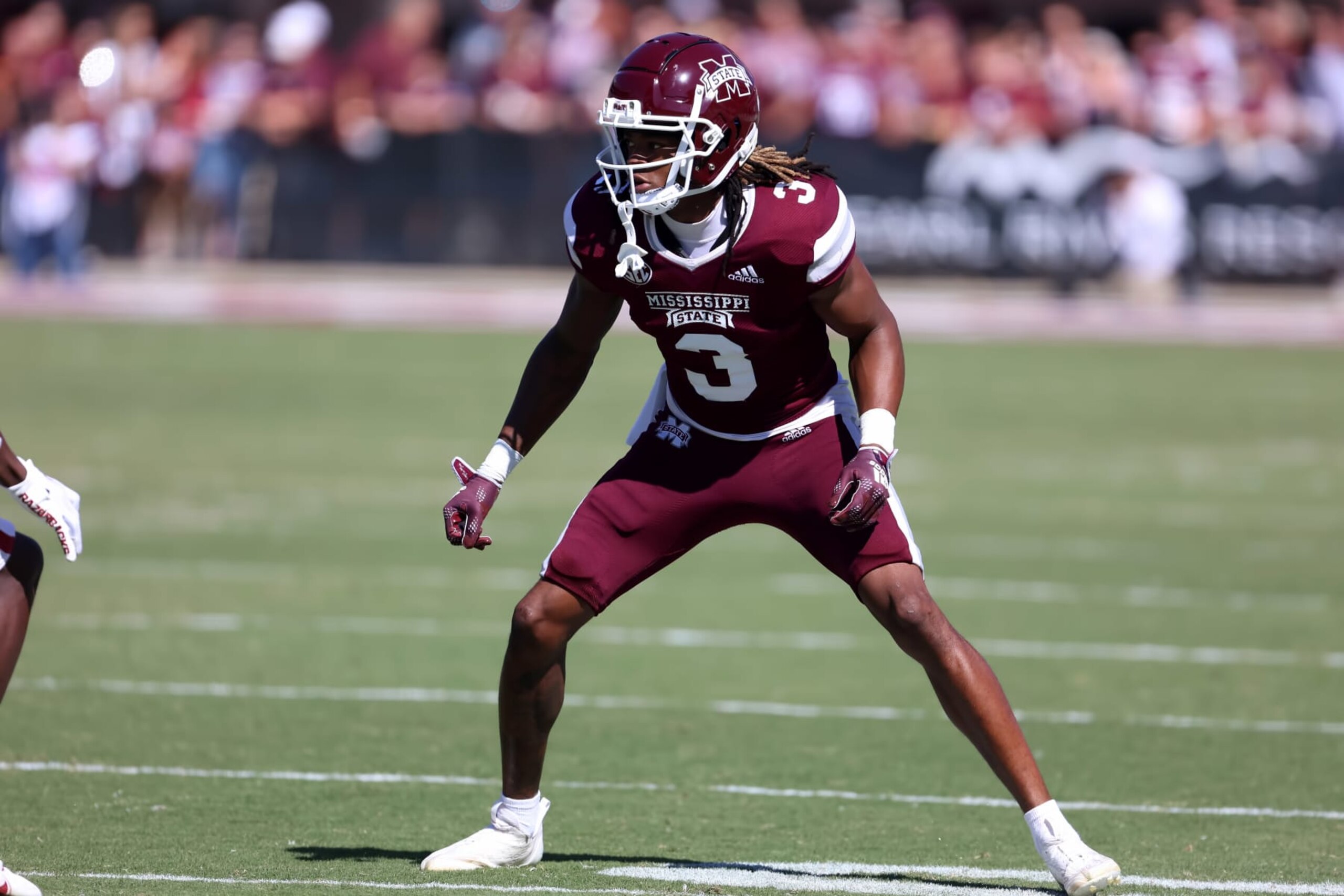 STARKVILLE, MS - OCTOBER 08: Mississippi State Bulldogs cornerback Decamerion Richardson (3) during the game between the Mississippi State Bulldogs and the Arkansas Razorbacks on October 8, 2022 at Wade Davis Stadium in Starkville, Mississippi. (Photo by Michael Wade/Icon Sportswire via Getty Images) STARKVILLE, MS - OCTOBER 08: Mississippi State Bulldogs cornerback Decamerion Richardson (3) during the game between the Mississippi State Bulldogs and the Arkansas Razorbacks on October 8, 2022 at Wade Davis Stadium in Starkville, Mississippi. (Photo by Michael Wade/Icon Sportswire via Getty Images)