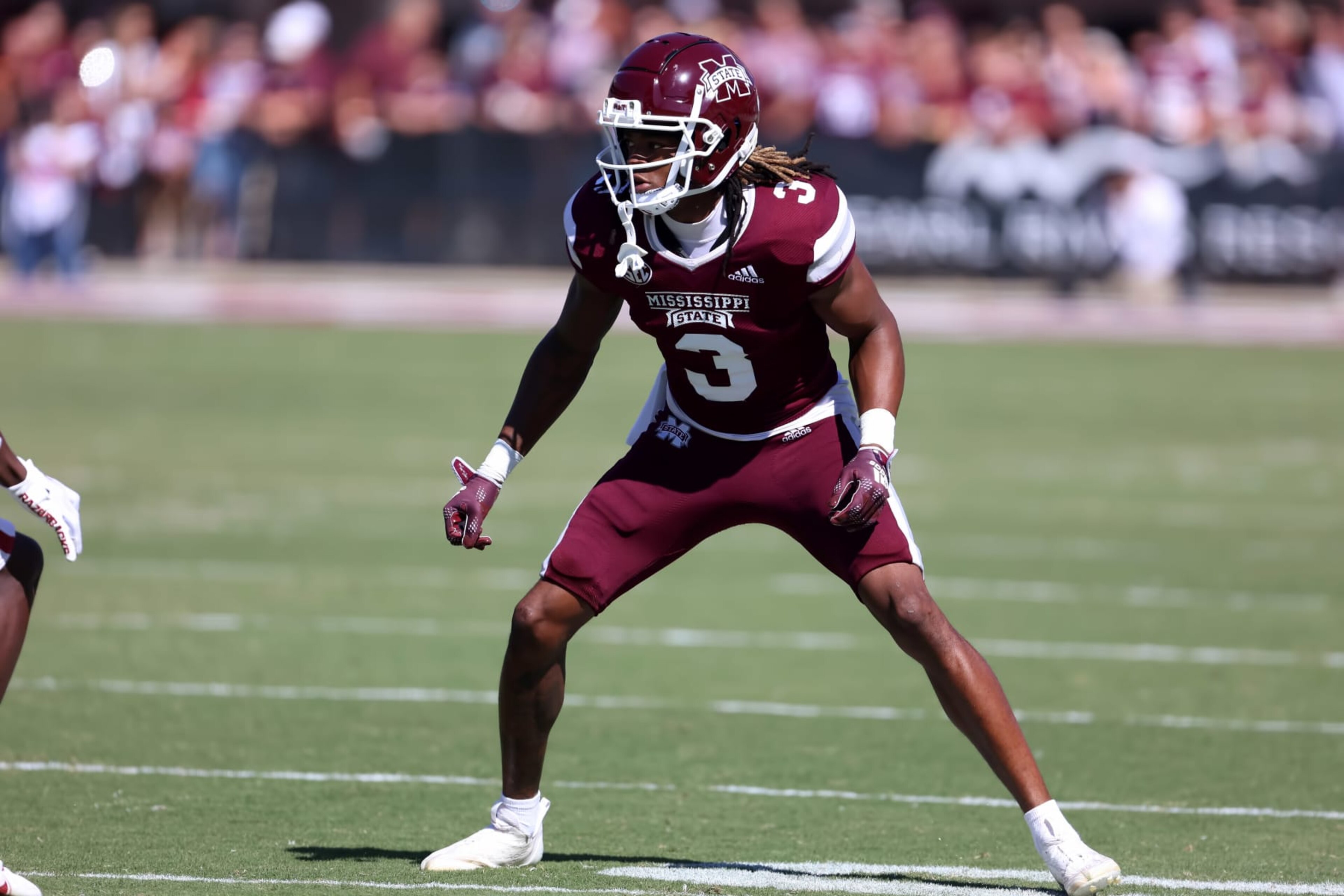 STARKVILLE, MS - OCTOBER 08:  Mississippi State Bulldogs cornerback Decamerion Richardson (3) during the game between the Mississippi State Bulldogs and the Arkansas Razorbacks on October 8, 2022 at Wade Davis Stadium in Starkville, Mississippi. (Photo by Michael Wade/Icon Sportswire via Getty Images)