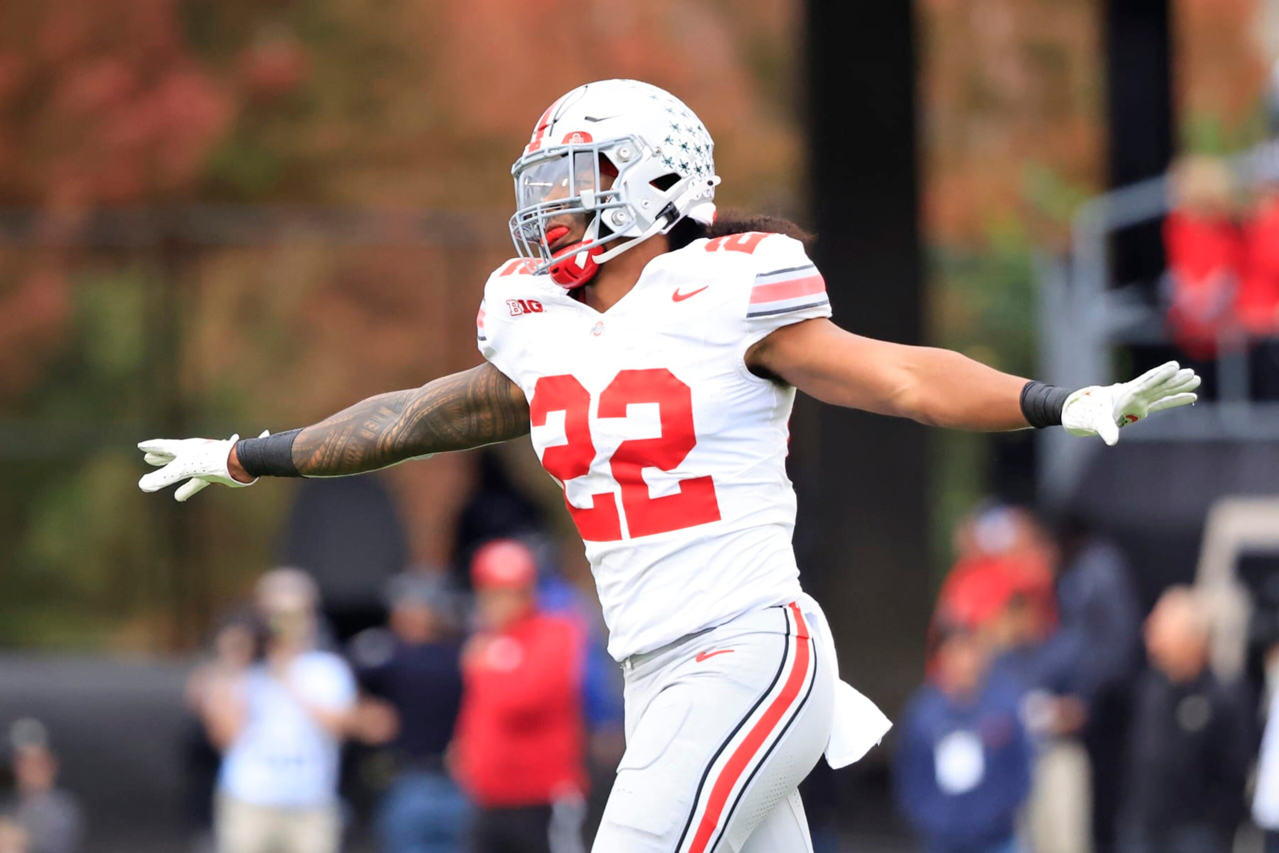 WEST LAFAYETTE, INDIANA - OCTOBER 14: Steele Chambers #22 of the Ohio State Buckeyes reacts in the game against the Purdue Boilermakers at Ross-Ade Stadium on October 14, 2023 in West Lafayette, Indiana. (Photo by Justin Casterline/Getty Images)