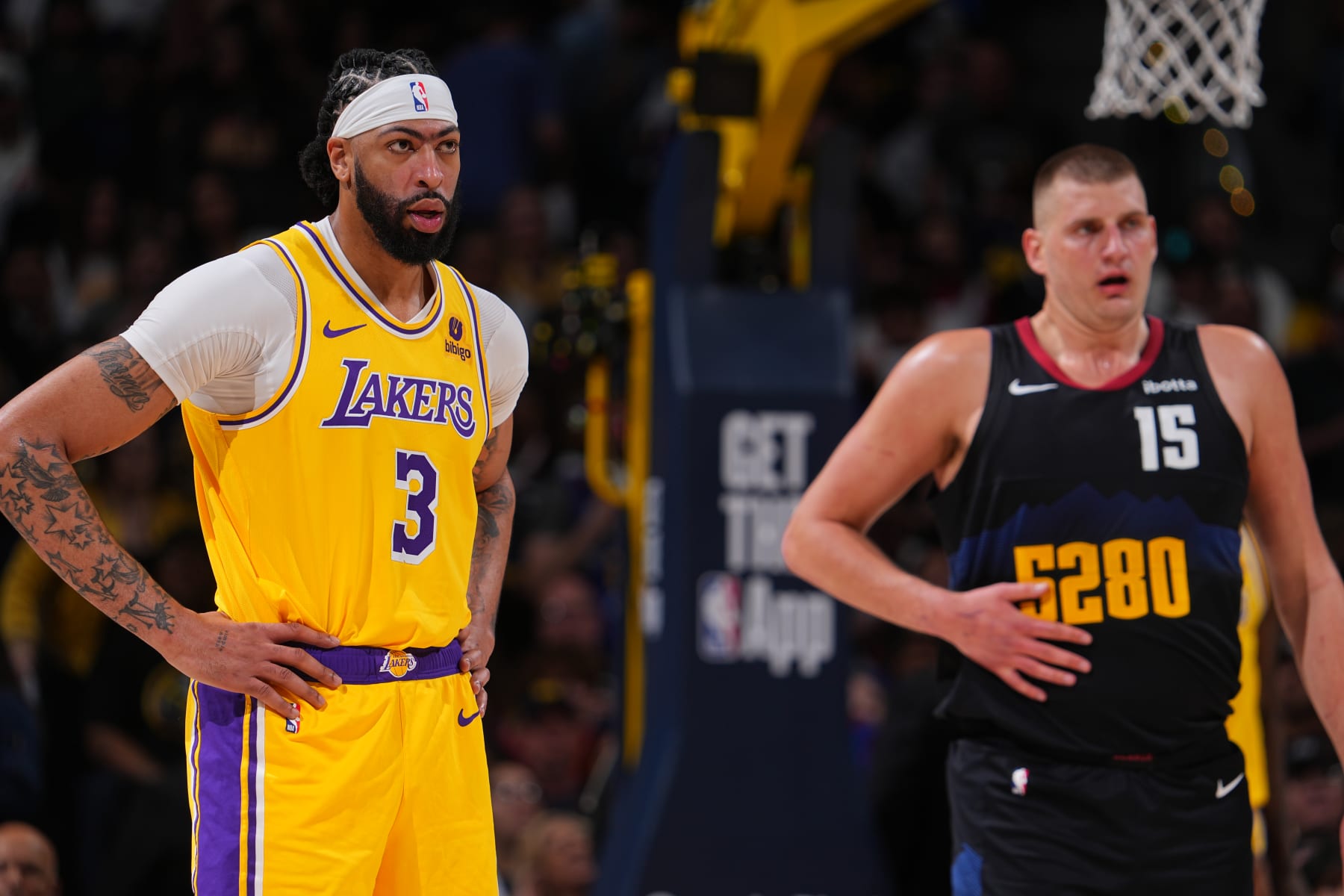 DENVER, CO - APRIL 22: Anthony Davis #3 of the Los Angeles Lakers looks on during the game against the Denver Nuggets on April 22, 2024 at the Ball Arena in Denver, Colorado. NOTE TO USER: User expressly acknowledges and agrees that, by downloading and/or using this Photograph, user is consenting to the terms and conditions of the Getty Images License Agreement. Mandatory Copyright Notice: Copyright 2024 NBAE (Photo by Bart Young/NBAE via Getty Images)