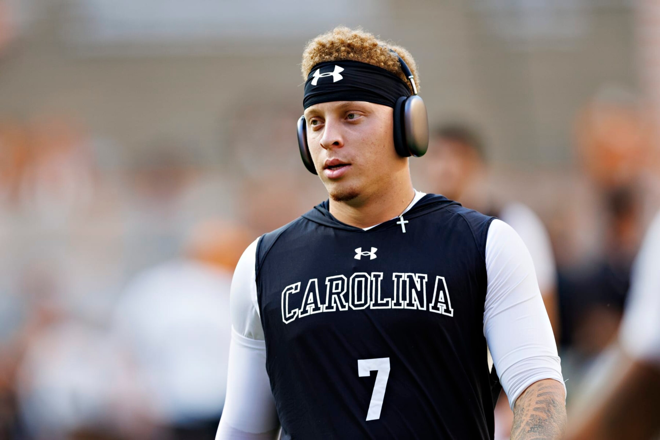 KNOXVILLE, TENNESSEE - SEPTEMBER 30: Spencer Rattler #7 of the South Carolina Gamecocks warms up before a game against the Tennessee Volunteers at Neyland Stadium on September 30, 2023 in Knoxville, Tennessee. (Photo by Wesley Hitt/Getty Images)