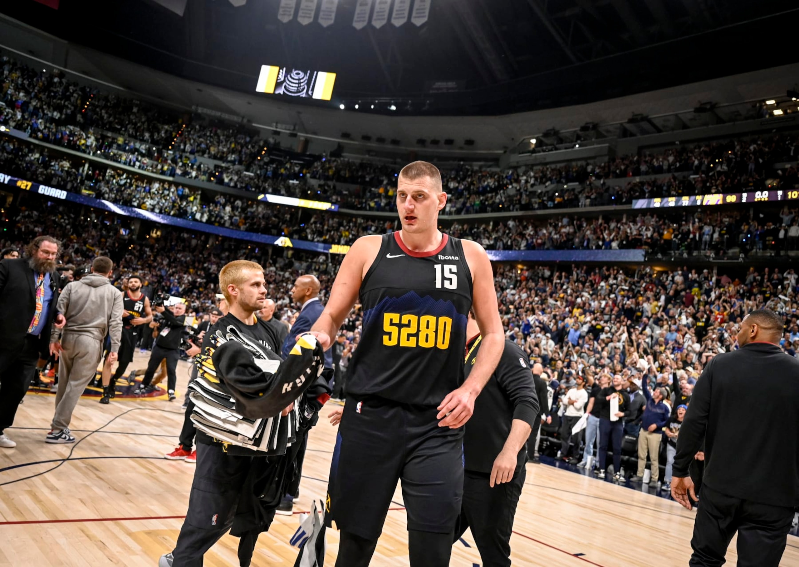 DENVER, CO - APRIL 22: Nikola Jokic (15) of the Denver Nuggets prepares to wipe away his sweat after the fourth quarter of the Nuggets' 101-99 win over the Los Angeles Lakers at Ball Arena in Denver on Monday, April 22, 2024. (Photo by AAron Ontiveroz/The Denver Post) DENVER, CO - APRIL 22: Nikola Jokic (15) of the Denver Nuggets prepares to wipe away his sweat after the fourth quarter of the Nuggets' 101-99 win over the Los Angeles Lakers at Ball Arena in Denver on Monday, April 22, 2024. (Photo by AAron Ontiveroz/The Denver Post)