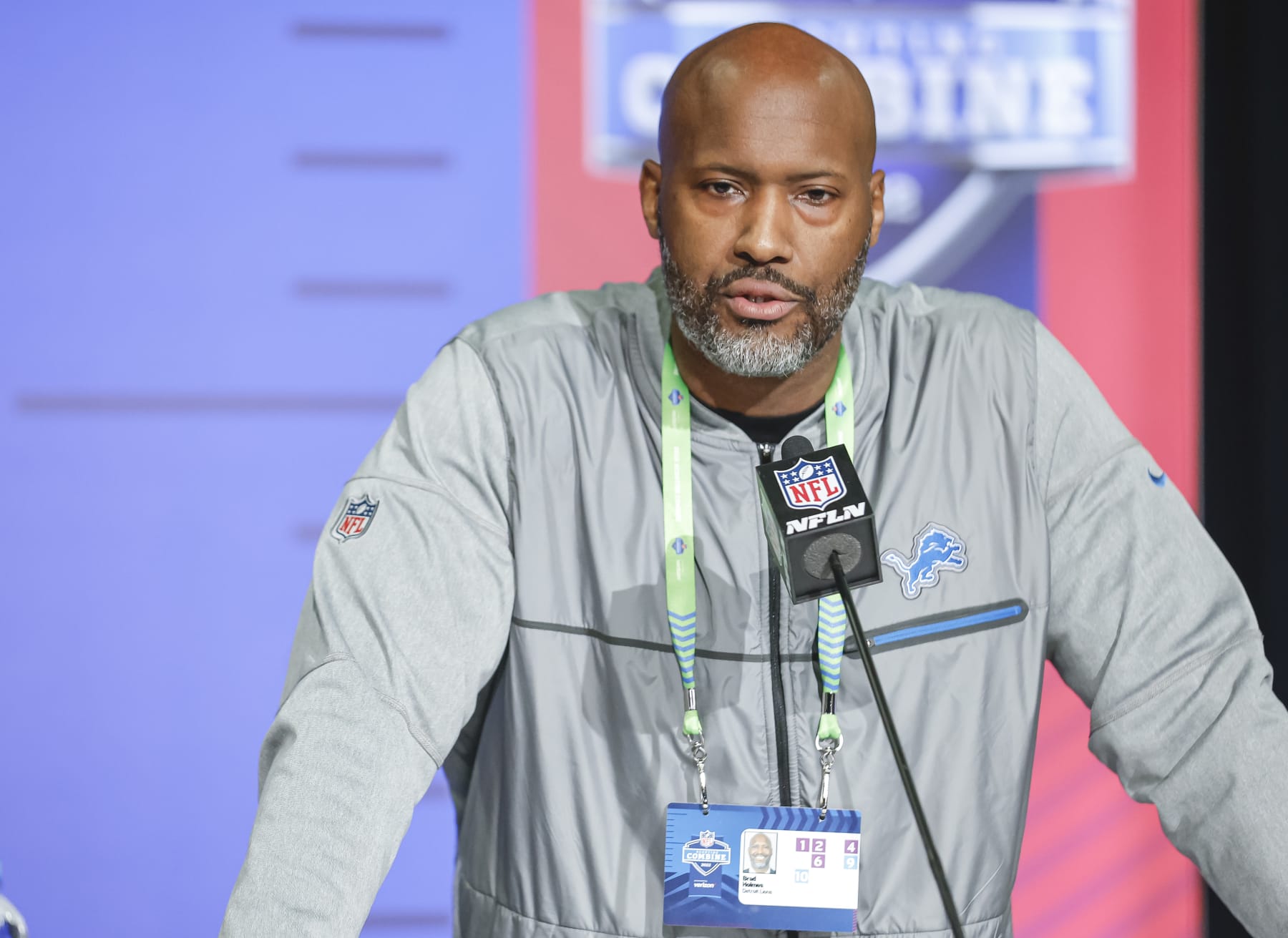 INDIANAPOLIS, IN - MAR 01: Brad Holmes, general manager of the Detroit Lions speaks to reporters during the NFL Draft Combine at the Indiana Convention Center on March 1, 2022 in Indianapolis, Indiana. (Photo by Michael Hickey/Getty Images)