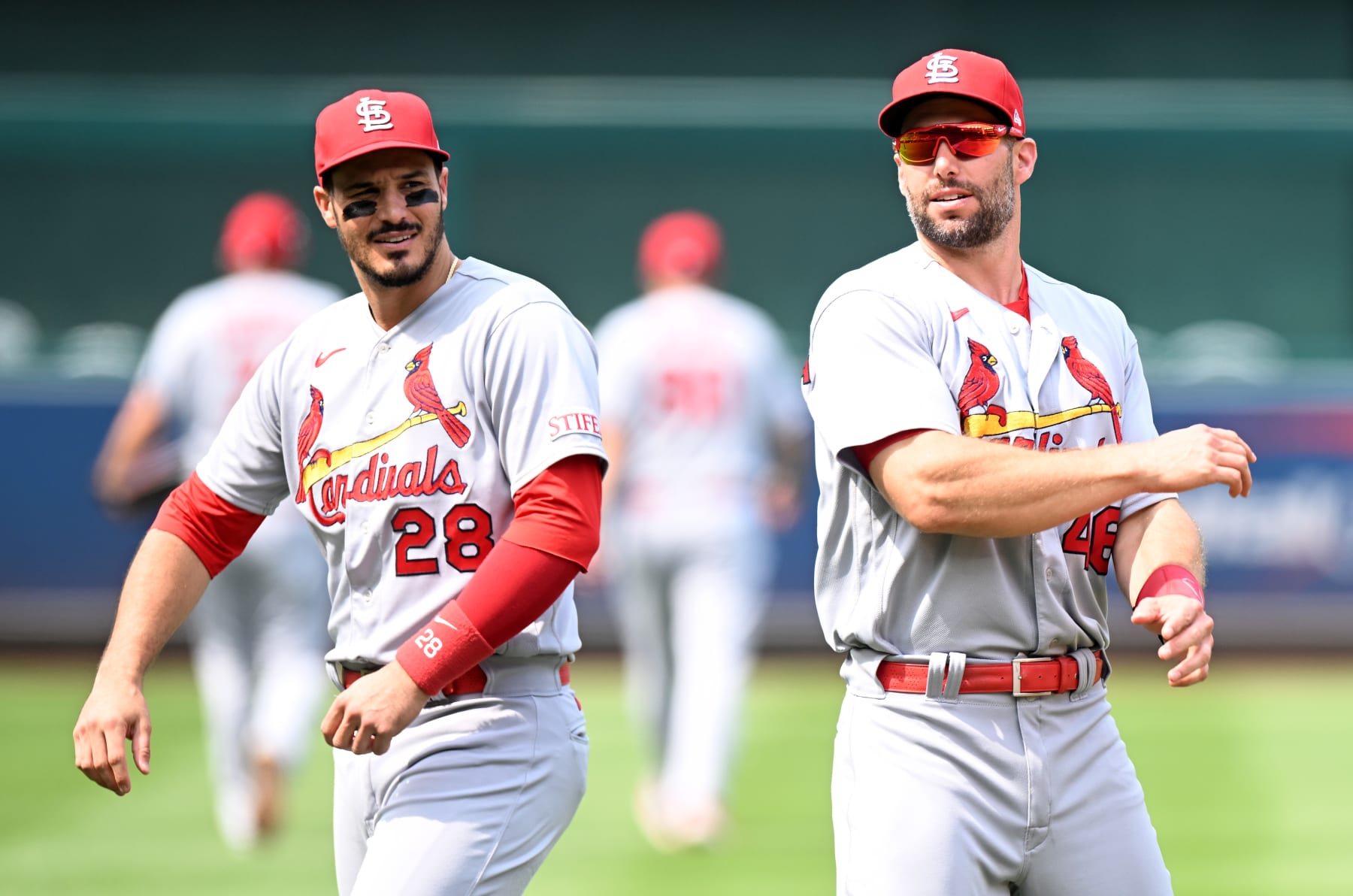WASHINGTON, DC - JUNE 19: Nolan Arenado #28 and Paul Goldschmidt #46 of the St. Louis Cardinals warm up before the game against the Washington Nationals at Nationals Park on June 19, 2023 in Washington, DC. (Photo by G Fiume/Getty Images)