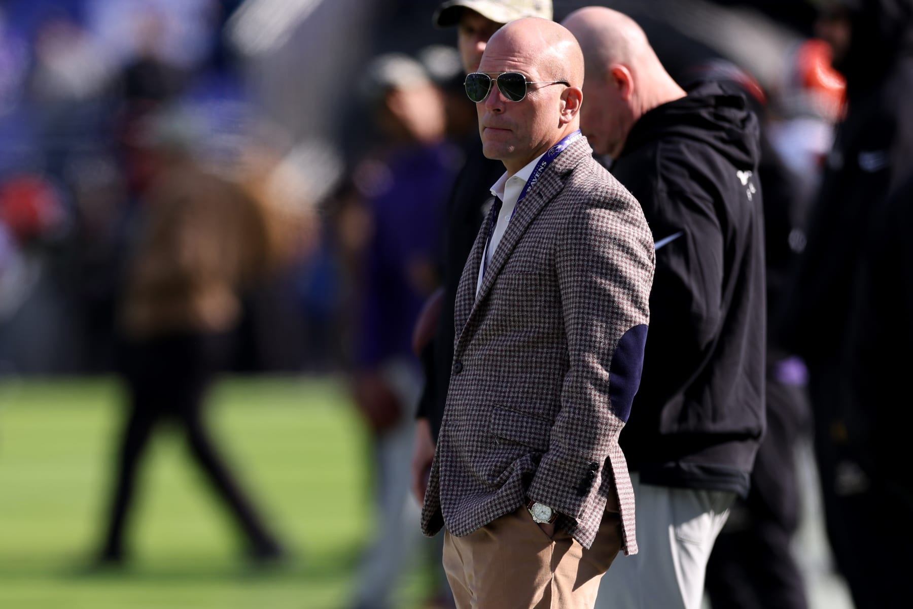 BALTIMORE, MARYLAND - NOVEMBER 12: General manager Eric DeCosta of the Baltimore Ravens on the sidelines before the game against the Cleveland Browns at M&T Bank Stadium on November 12, 2023 in Baltimore, Maryland. (Photo by Todd Olszewski/Getty Images)