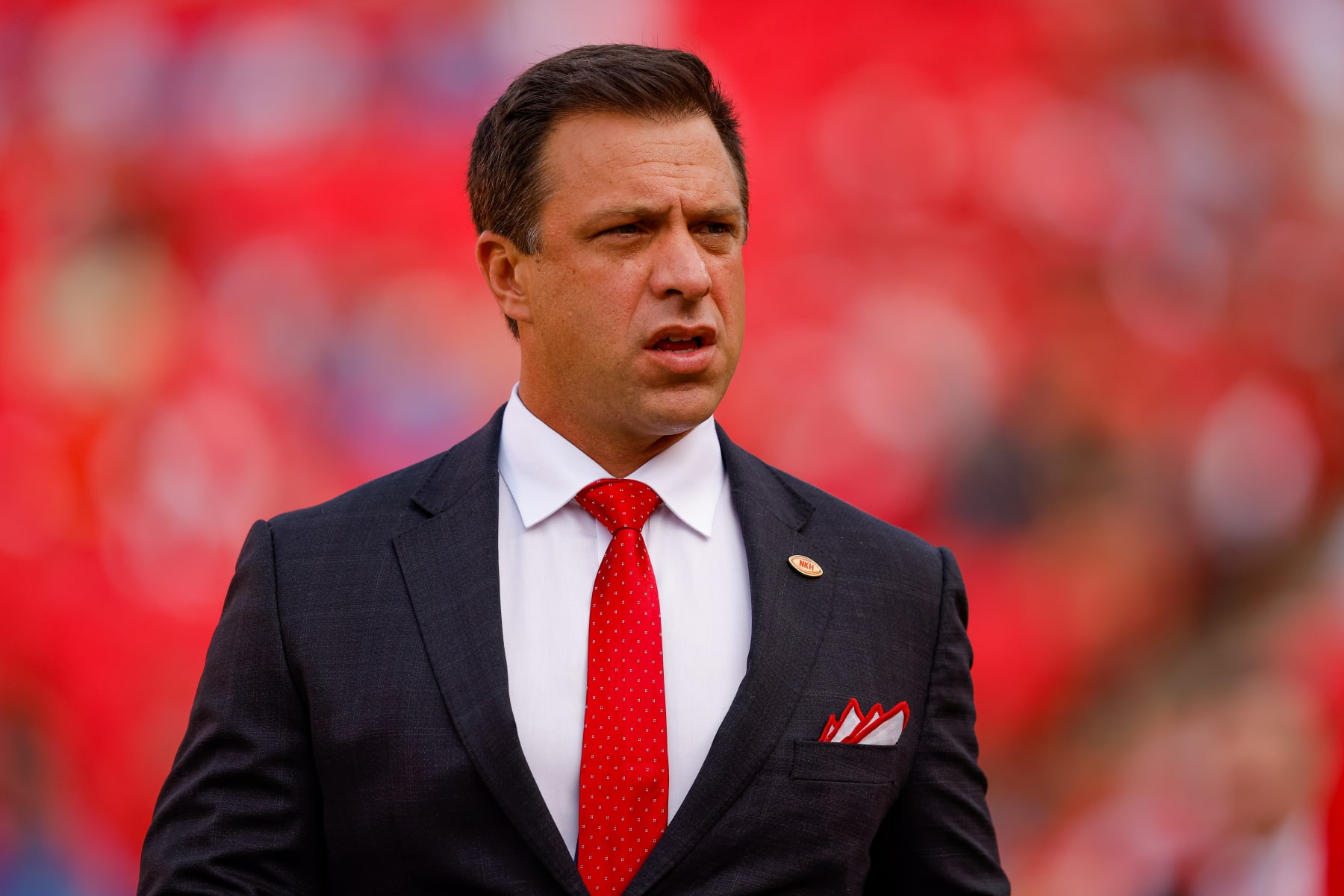 KANSAS CITY, MISSOURI - SEPTEMBER 7: Brett Veach, general manager of the Kansas City Chiefs, watches warmups prior to the game against the Detroit Lions at GEHA Field at Arrowhead Stadium on September 7, 2023 in Kansas City, Missouri. (Photo by David Eulitt/Getty Images)