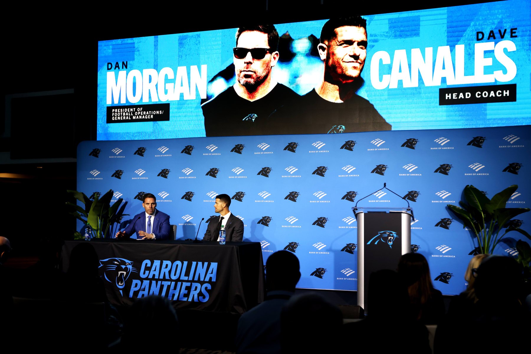 CHARLOTTE, NORTH CAROLINA - FEBRUARY 01: Carolina Panthers President of Football Operations Dan Morgan and Head Coach Dave Canales speak with the media as the Carolina Panthers introduce Canales as their new Head Coach at Bank of America Stadium on February 01, 2024 in Charlotte, North Carolina. (Photo by David Jensen/Getty Images)