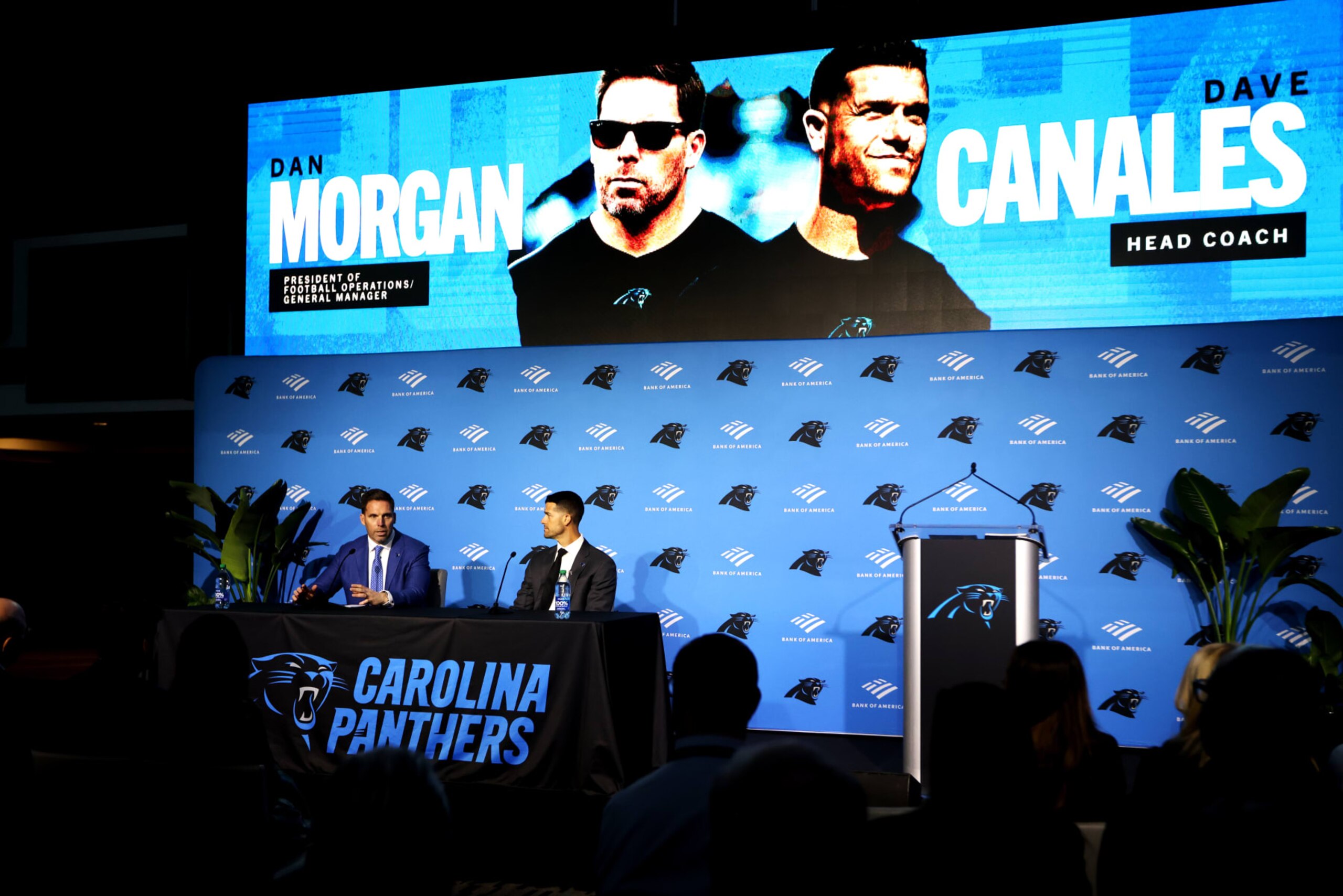 CHARLOTTE, NORTH CAROLINA - FEBRUARY 01: Carolina Panthers President of Football Operations Dan Morgan and Head Coach Dave Canales speak with the media as the Carolina Panthers introduce Canales as their new Head Coach at Bank of America Stadium on February 01, 2024 in Charlotte, North Carolina. (Photo by David Jensen/Getty Images) CHARLOTTE, NORTH CAROLINA - FEBRUARY 01: Carolina Panthers President of Football Operations Dan Morgan and Head Coach Dave Canales speak with the media as the Carolina Panthers introduce Canales as their new Head Coach at Bank of America Stadium on February 01, 2024 in Charlotte, North Carolina. (Photo by David Jensen/Getty Images)