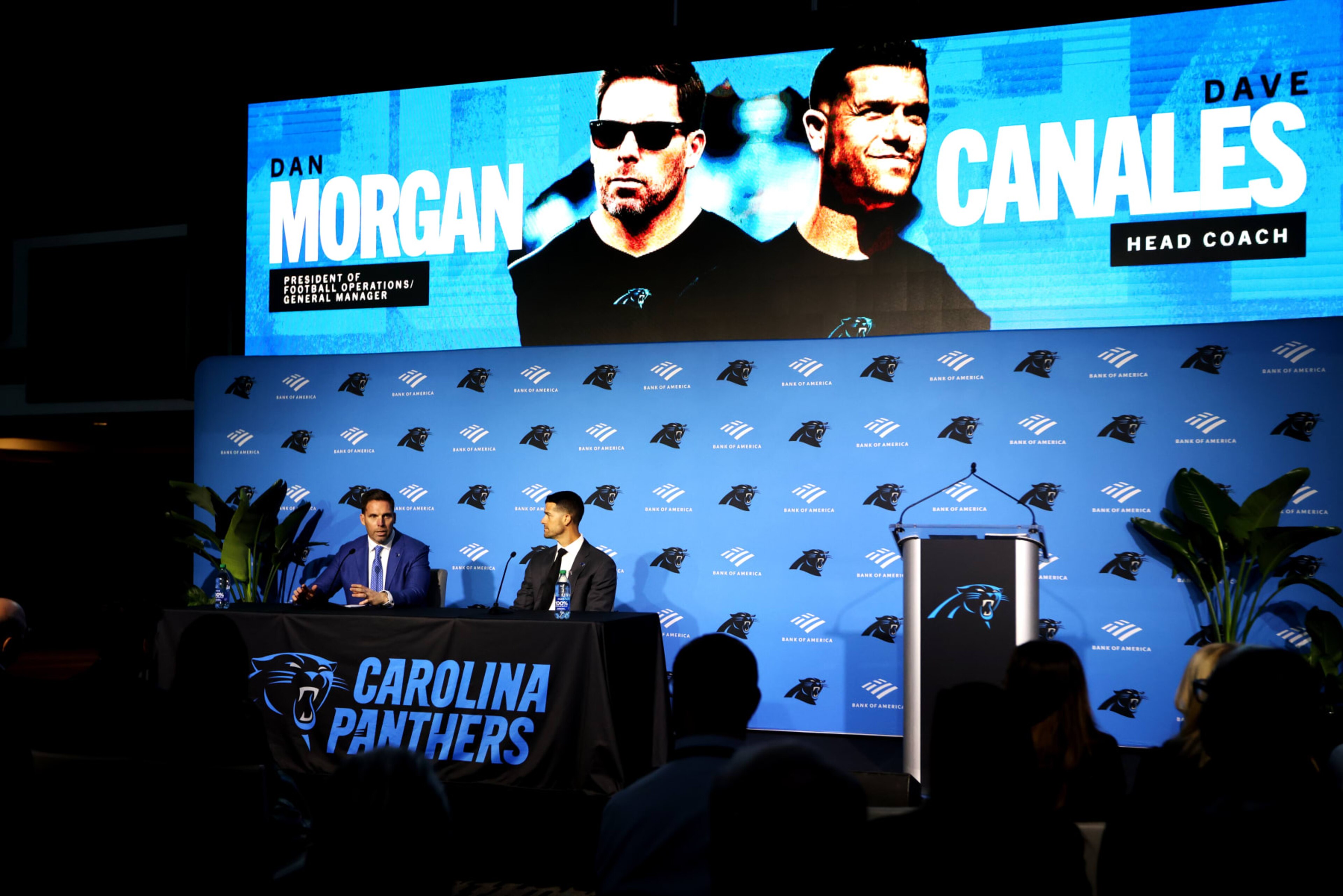 CHARLOTTE, NORTH CAROLINA - FEBRUARY 01: Carolina Panthers President of Football Operations Dan Morgan and Head Coach Dave Canales speak with the media as the Carolina Panthers introduce Canales as their new Head Coach at Bank of America Stadium on February 01, 2024 in Charlotte, North Carolina. (Photo by David Jensen/Getty Images) CHARLOTTE, NORTH CAROLINA - FEBRUARY 01: Carolina Panthers President of Football Operations Dan Morgan and Head Coach Dave Canales speak with the media as the Carolina Panthers introduce Canales as their new Head Coach at Bank of America Stadium on February 01, 2024 in Charlotte, North Carolina. (Photo by David Jensen/Getty Images)