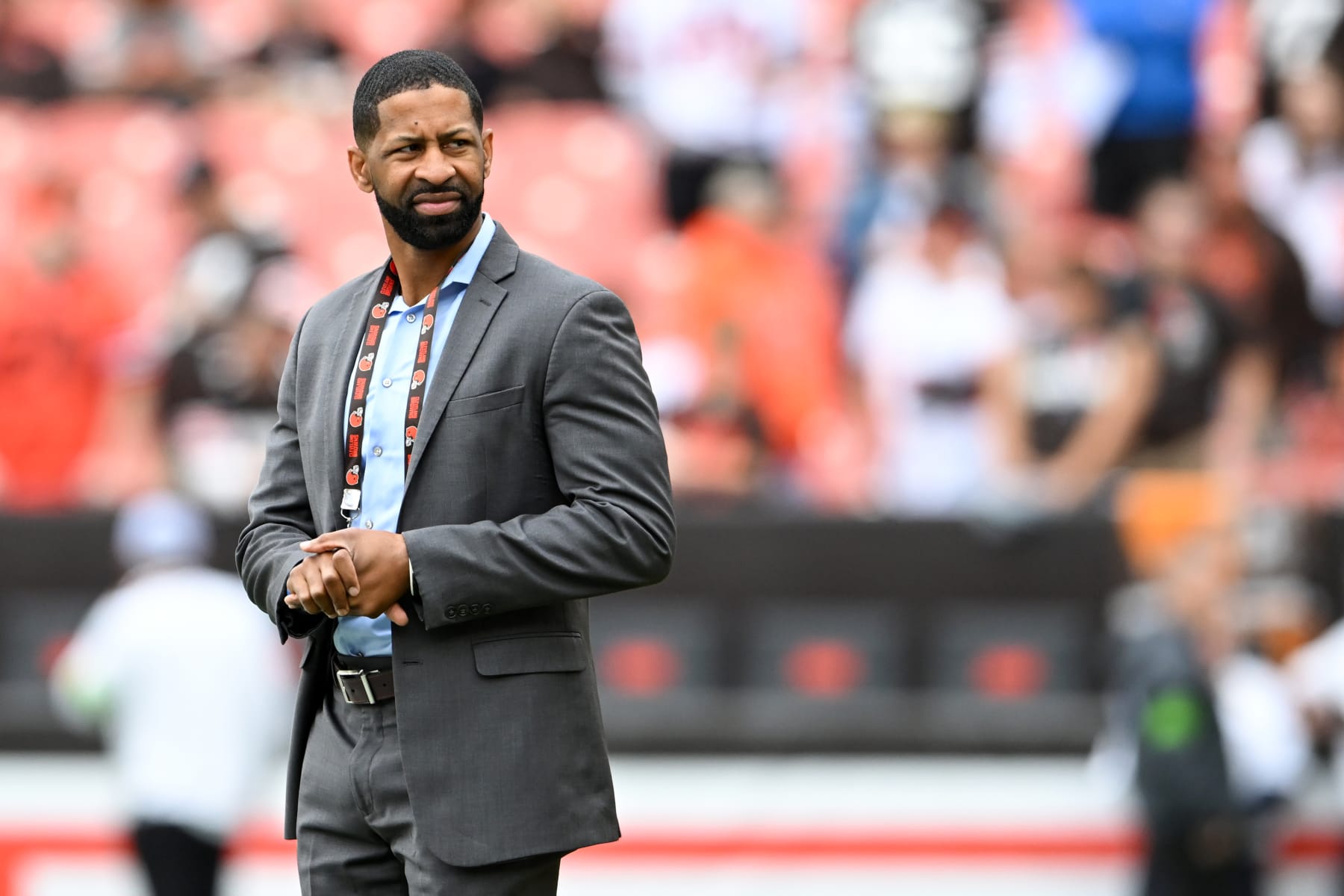 CLEVELAND, OHIO - SEPTEMBER 24: Executive vice president/football operations & general manager Andrew Berry of the Cleveland Browns looks on prior to a game against the Tennessee Titans at Cleveland Browns Stadium on September 24, 2023 in Cleveland, Ohio. (Photo by Nick Cammett/Diamond Images via Getty Images)