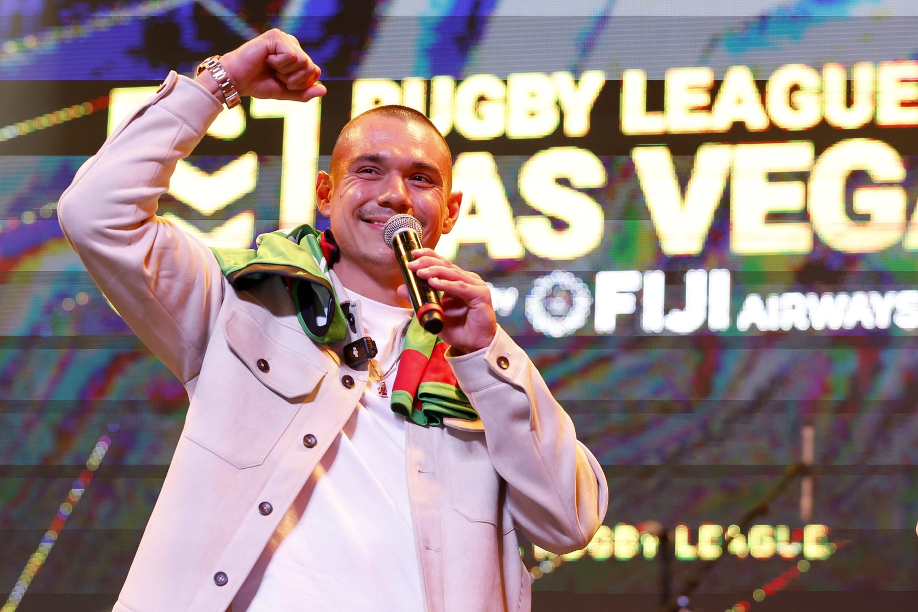 LAS VEGAS, NEVADA - FEBRUARY 29: Australian boxer Tim Tszyu, the World Boxing Organization light-middleweight champion, answers question on the stage during the NRL season launch at Fremont Street Experience on February 29, 2024, in Las Vegas, Nevada. (Photo by Ezra Shaw/Getty Images)