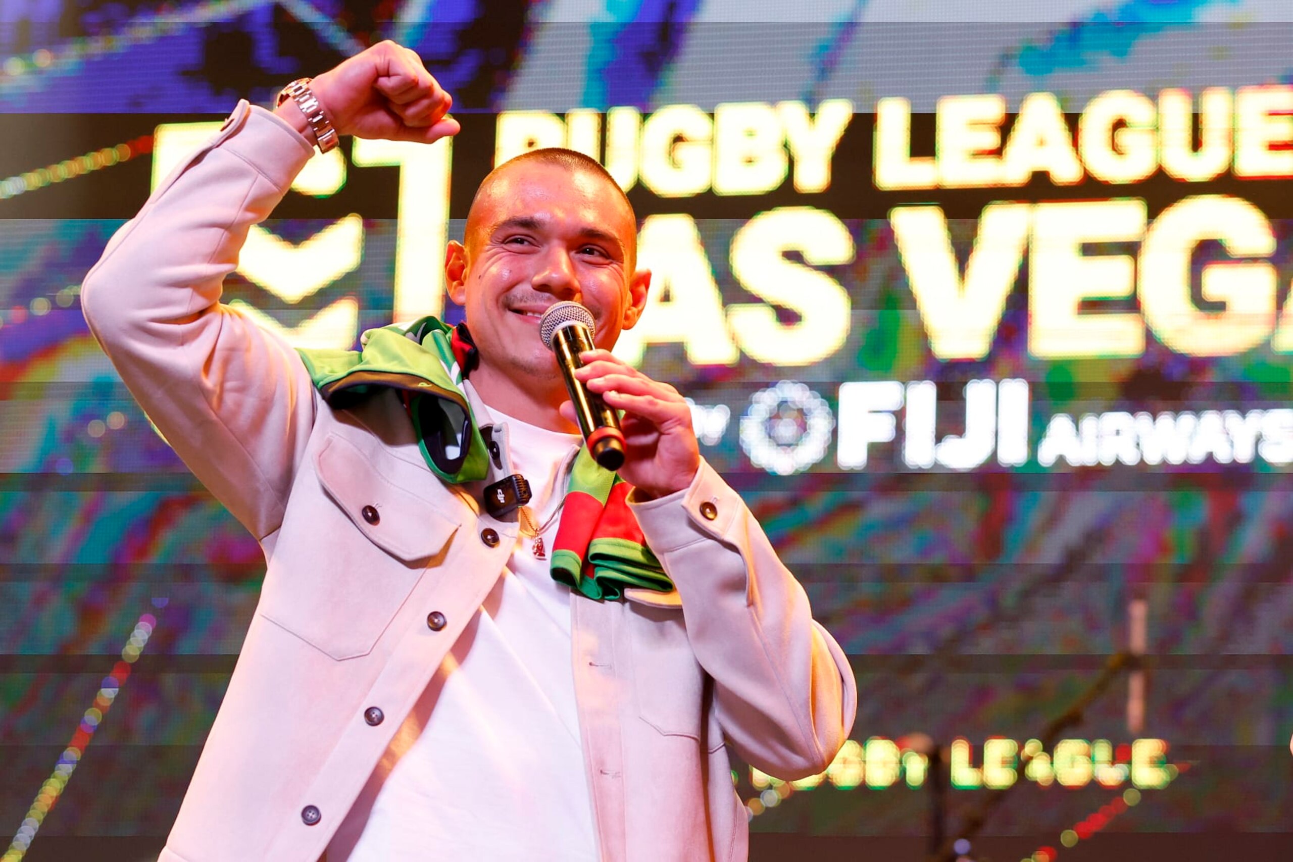LAS VEGAS, NEVADA - FEBRUARY 29: Australian boxer Tim Tszyu, the World Boxing Organization light-middleweight champion, answers question on the stage during the NRL season launch at Fremont Street Experience on February 29, 2024, in Las Vegas, Nevada. (Photo by Ezra Shaw/Getty Images)