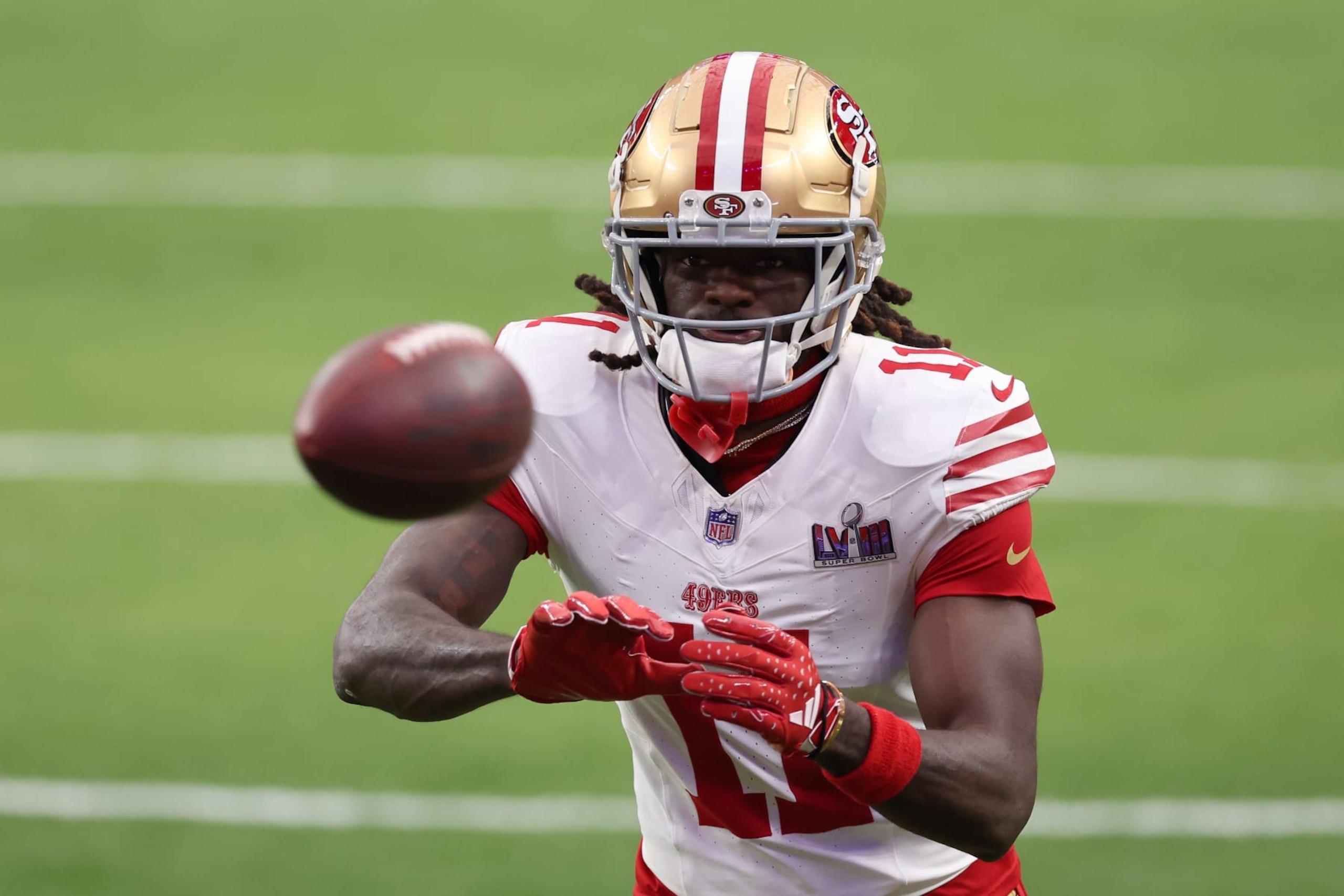 LAS VEGAS, NEVADA - FEBRUARY 11: Brandon Aiyuk #11 of the San Francisco 49ers warms up prior to Super Bowl LVIII against the Kansas City Chiefs at Allegiant Stadium on February 11, 2024 in Las Vegas, Nevada. (Photo by Steph Chambers/Getty Images) LAS VEGAS, NEVADA - FEBRUARY 11: Brandon Aiyuk #11 of the San Francisco 49ers warms up prior to Super Bowl LVIII against the Kansas City Chiefs at Allegiant Stadium on February 11, 2024 in Las Vegas, Nevada. (Photo by Steph Chambers/Getty Images)
