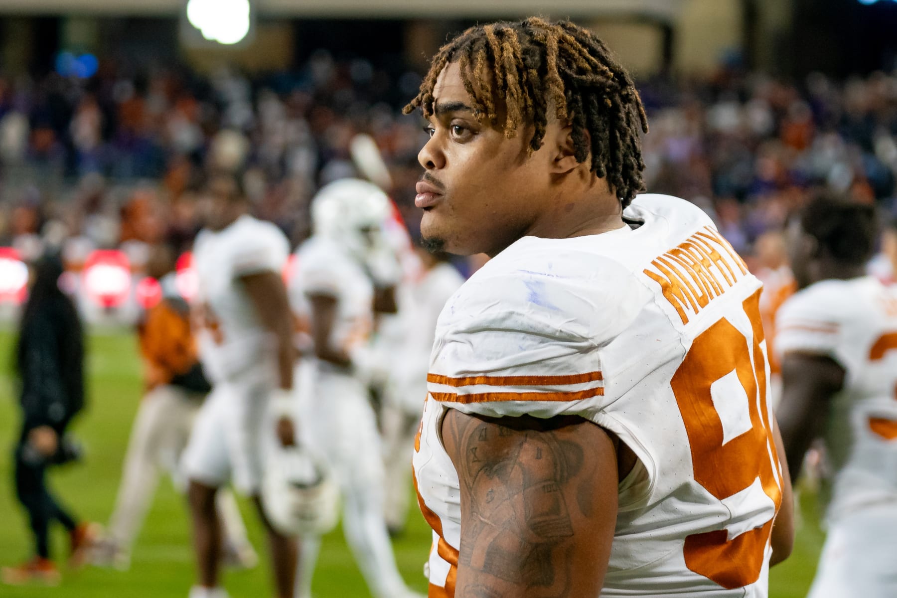 FORT WORTH, TX - NOVEMBER 11: Texas Longhorns defensive lineman Byron Murphy II (90) walks onto the field during a game between the Texas Longhorns and TCU Horned Frogs college football game on November 11, 2023 at Amon G. Carter Stadium in Fort Worth, TX. (Photo by Chris Leduc/Icon Sportswire via Getty Images)