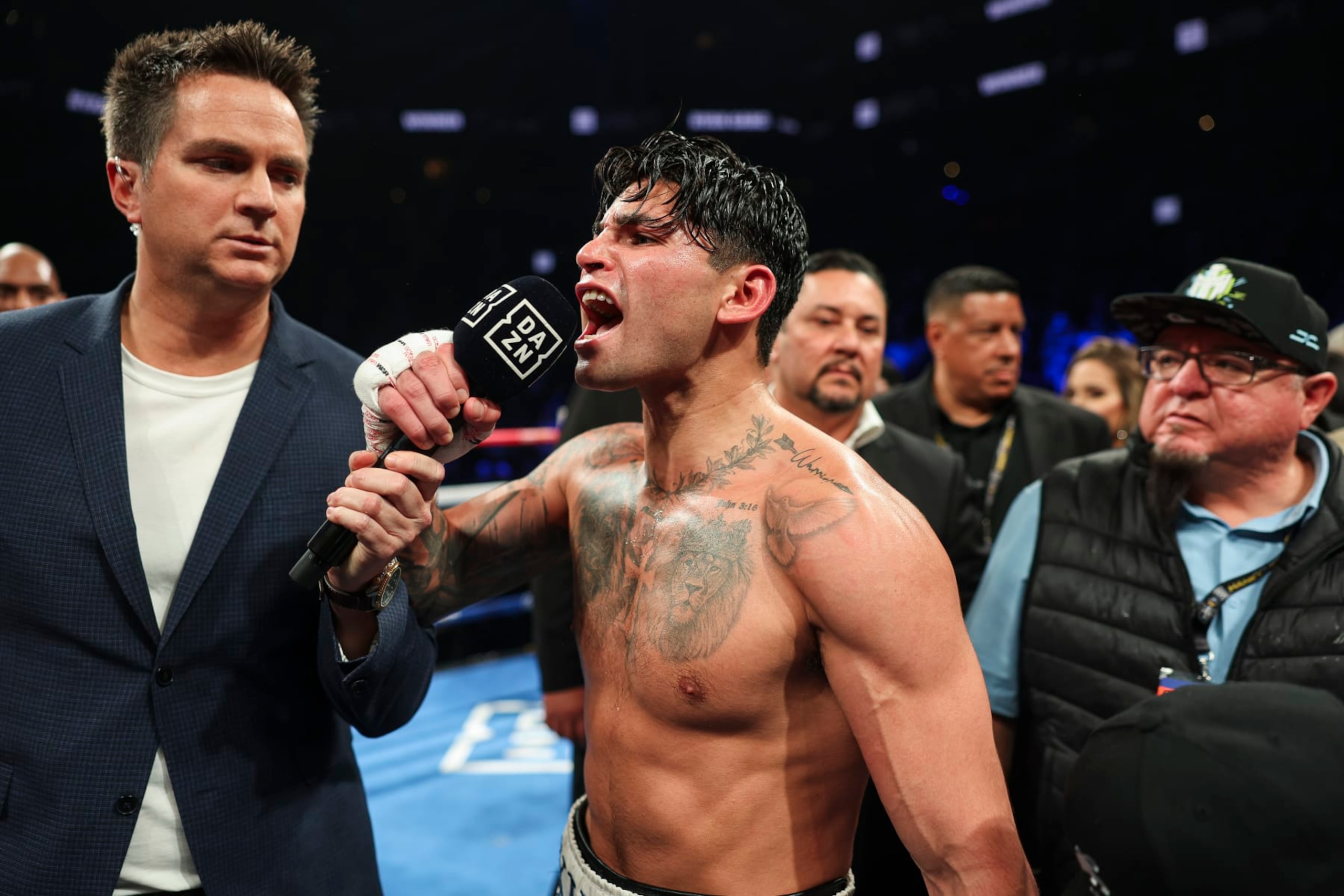 NEW YORK, NEW YORK - APRIL 20: Ryan Garcia celebrates after defeating Devin Haney in a fight at Barclays Center on April 20, 2024 in New York City.  (Photo by Cris Esqueda/Golden Boy/Getty Images)
