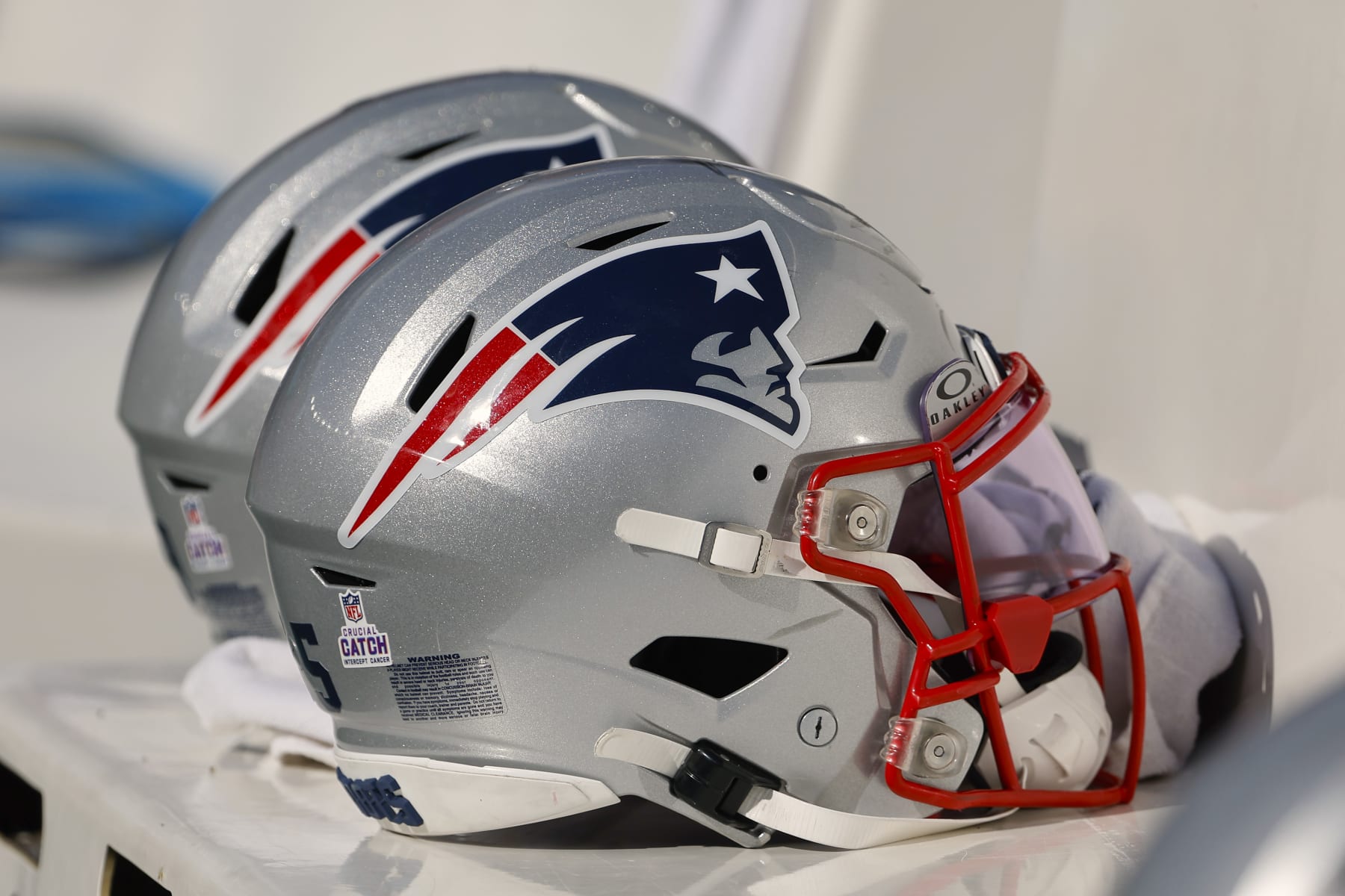 FOXBOROUGH, MA - OCTOBER 8: The New England Patriots logo is seen on a helmet during the game between the New England Patriots and the New Orleans Saints at Gillette Stadium on October 8, 2023 in Foxborough, Massachusetts.(Photo By Winslow Townson/Getty Images)