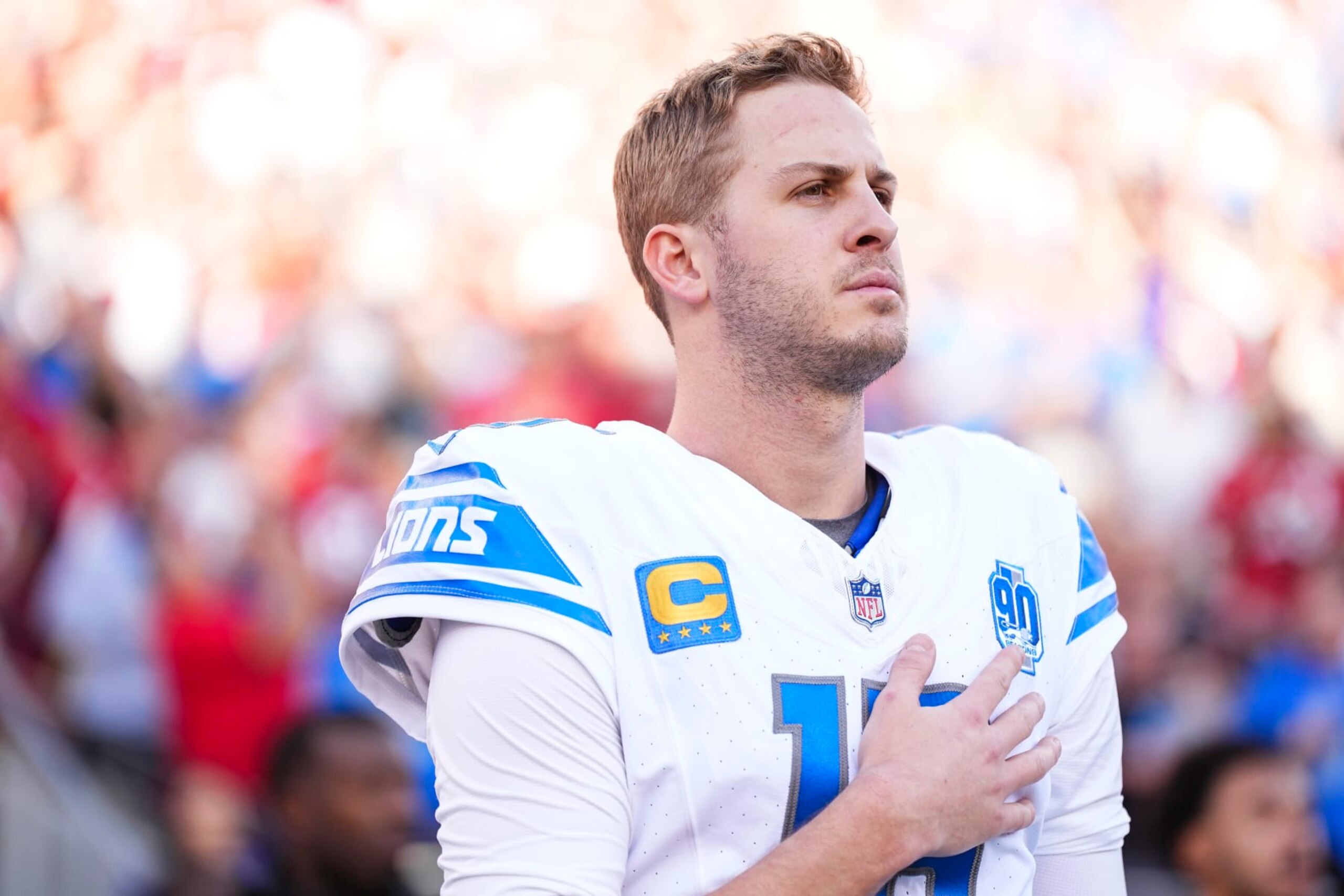 SANTA CLARA, CA - JANUARY 28: Jared Goff #16 of the Detroit Lions looks on from the sideline prior to the NFC Championship NFL football game against the San Francisco 49ers at Levi's Stadium on January 28, 2024 in Santa Clara, California. (Photo by Cooper Neill/Getty Images) SANTA CLARA, CA - JANUARY 28: Jared Goff #16 of the Detroit Lions looks on from the sideline prior to the NFC Championship NFL football game against the San Francisco 49ers at Levi's Stadium on January 28, 2024 in Santa Clara, California. (Photo by Cooper Neill/Getty Images)