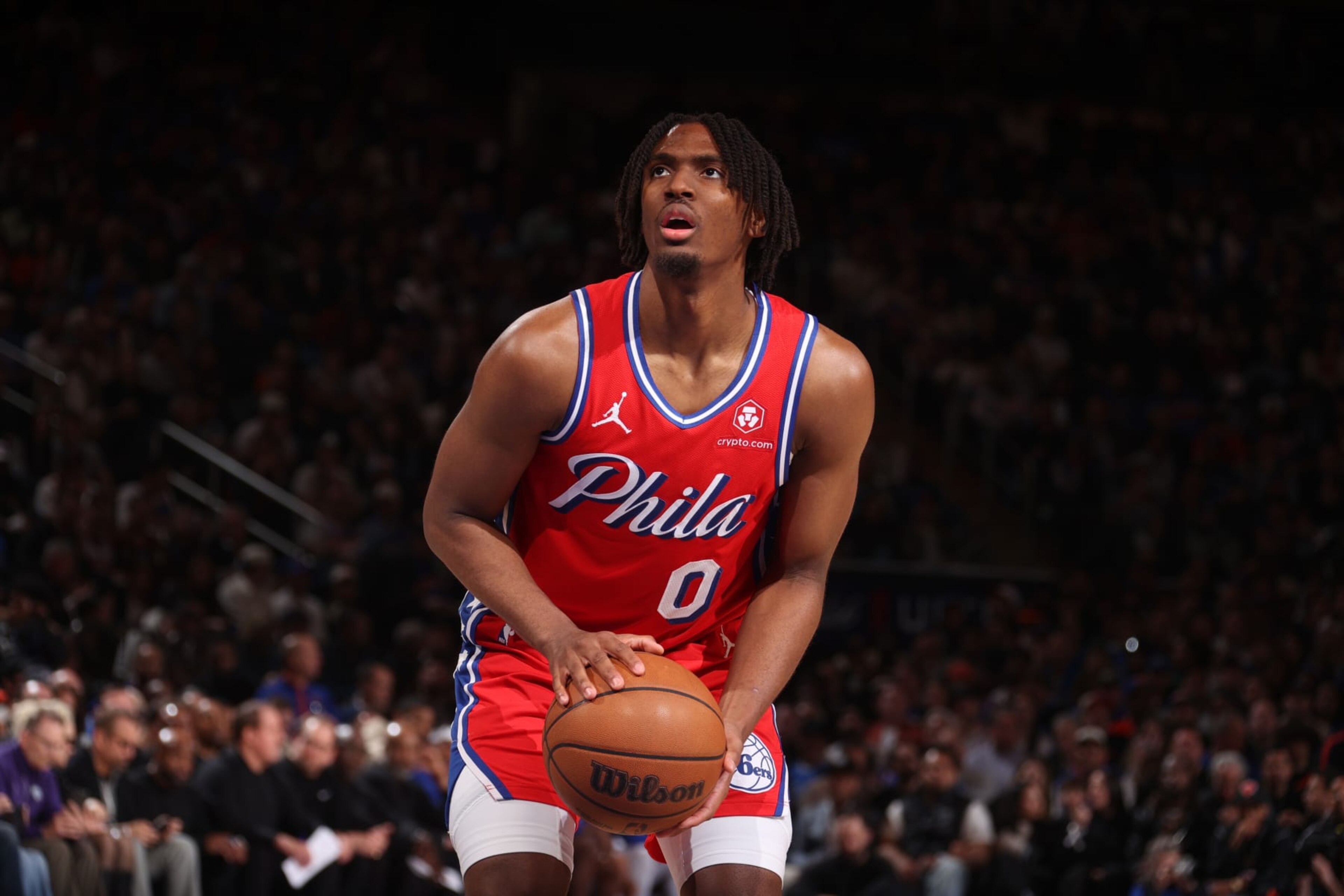 NEW YORK, NY - APRIL 20: Tyrese Maxey #0 of the Philadelphia 76ers shoots a free throw during the game against the New York Knicks during Round 1 Game 1 of the 2024 NBA Playoffs on April 20, 2024 at Madison Square Garden in New York City, New York. NOTE TO USER: User expressly acknowledges and agrees that, by downloading and or using this photograph, User is consenting to the terms and conditions of the Getty Images License Agreement. Mandatory Copyright Notice: Copyright 2024 NBAE (Photo by Nathaniel S. Butler/NBAE via Getty Images) NEW YORK, NY - APRIL 20: Tyrese Maxey #0 of the Philadelphia 76ers shoots a free throw during the game against the New York Knicks during Round 1 Game 1 of the 2024 NBA Playoffs on April 20, 2024 at Madison Square Garden in New York City, New York. NOTE TO USER: User expressly acknowledges and agrees that, by downloading and or using this photograph, User is consenting to the terms and conditions of the Getty Images License Agreement. Mandatory Copyright Notice: Copyright 2024 NBAE (Photo by Nathaniel S. Butler/NBAE via Getty Images)