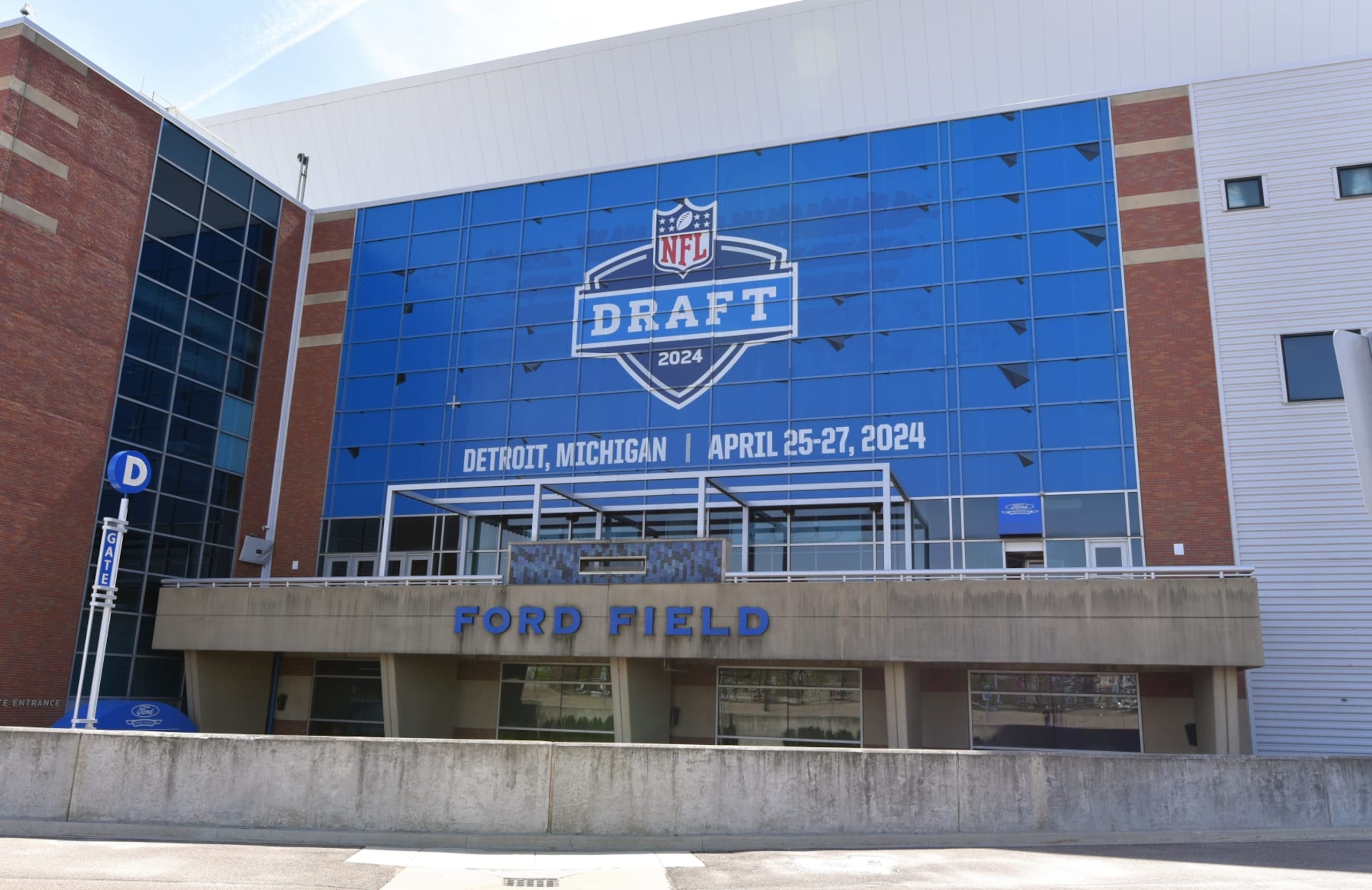 DETROIT, MI - APRIL 18: A general exterior view of Ford Field, home of the NFL Detroit Lions, with a sign displayed to announce the upcoming NFL draft. The draft is scheduled to be held around Campus Martius Park and Hart Plaza in Detroit, Michigan on April 25Â27, 2024. Photo taken prior to the MLB game between the Detroit Tigers and the Texas Rangers at Comerica Park on April 18, 2024 in Detroit, Michigan. (Photo by Mark Cunningham/MLB Photos via Getty Images) DETROIT, MI - APRIL 18: A general exterior view of Ford Field, home of the NFL Detroit Lions, with a sign displayed to announce the upcoming NFL draft. The draft is scheduled to be held around Campus Martius Park and Hart Plaza in Detroit, Michigan on April 25Â27, 2024. Photo taken prior to the MLB game between the Detroit Tigers and the Texas Rangers at Comerica Park on April 18, 2024 in Detroit, Michigan. (Photo by Mark Cunningham/MLB Photos via Getty Images)