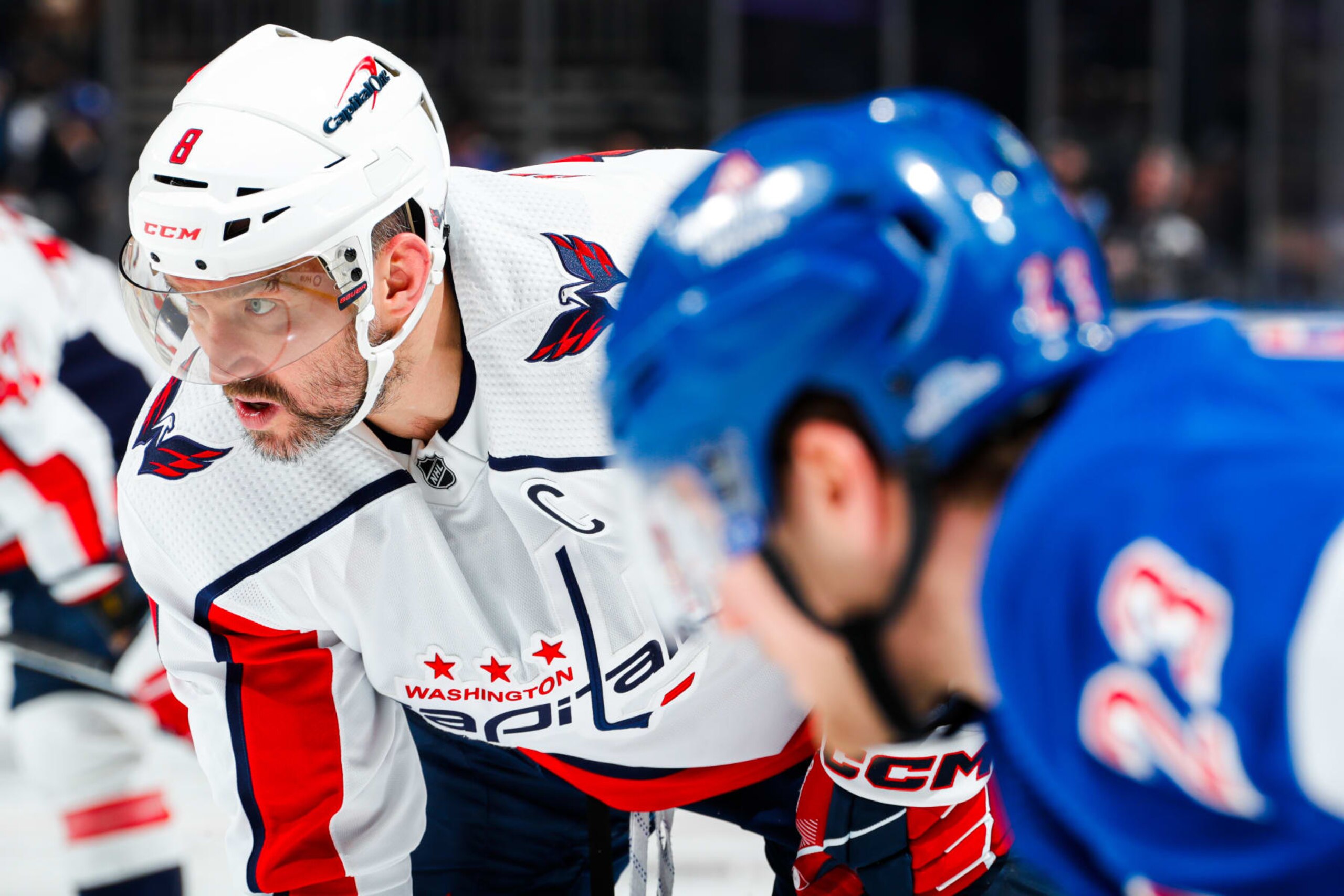 NEW YORK, NEW YORK - APRIL 23: Alex Ovechkin #8 of the Washington Capitals takes a face-off during the second period against the New York Rangers in Game Two of the First Round of the 2024 Stanley Cup Playoffs at Madison Square Garden on April 23, 2024 in New York City. (Photo by Jared Silber/NHLI via Getty Images) NEW YORK, NEW YORK - APRIL 23: Alex Ovechkin #8 of the Washington Capitals takes a face-off during the second period against the New York Rangers in Game Two of the First Round of the 2024 Stanley Cup Playoffs at Madison Square Garden on April 23, 2024 in New York City. (Photo by Jared Silber/NHLI via Getty Images)