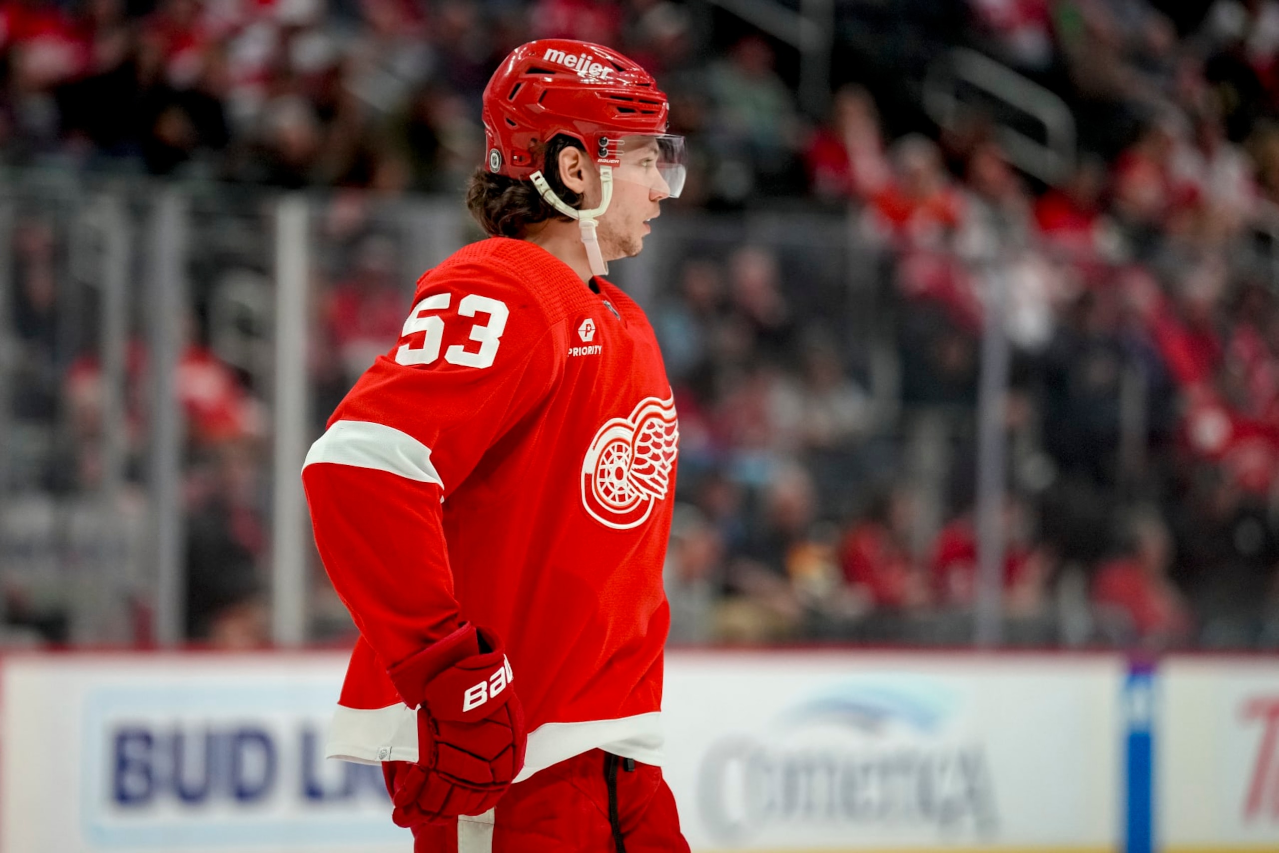 DETROIT, MICHIGAN - APRIL 09: Moritz Seider #53 of the Detroit Red Wings looks on against the Washington Capitals at Little Caesars Arena on April 09, 2024 in Detroit, Michigan. (Photo by Nic Antaya/Getty Images)