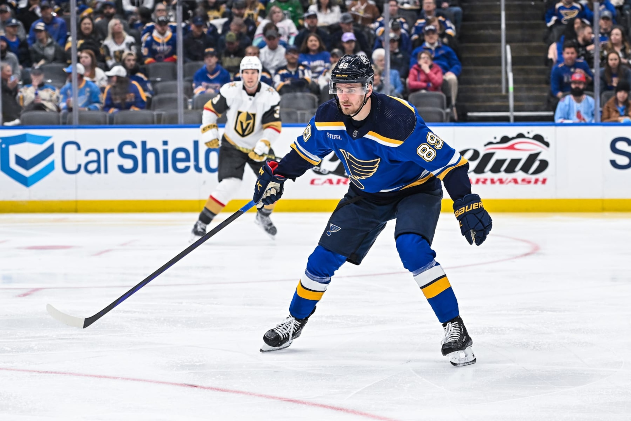 ST. LOUIS, MO - March 25: St. Louis Blues left wing Pavel Buchnevich (89) during a regular season game between the Vegas Golden Knights and the St. Louis Blues on March 25, 2024, at the Enterprise Center in St. Louis MO (Photo by Rick Ulreich/Icon Sportswire via Getty Images)