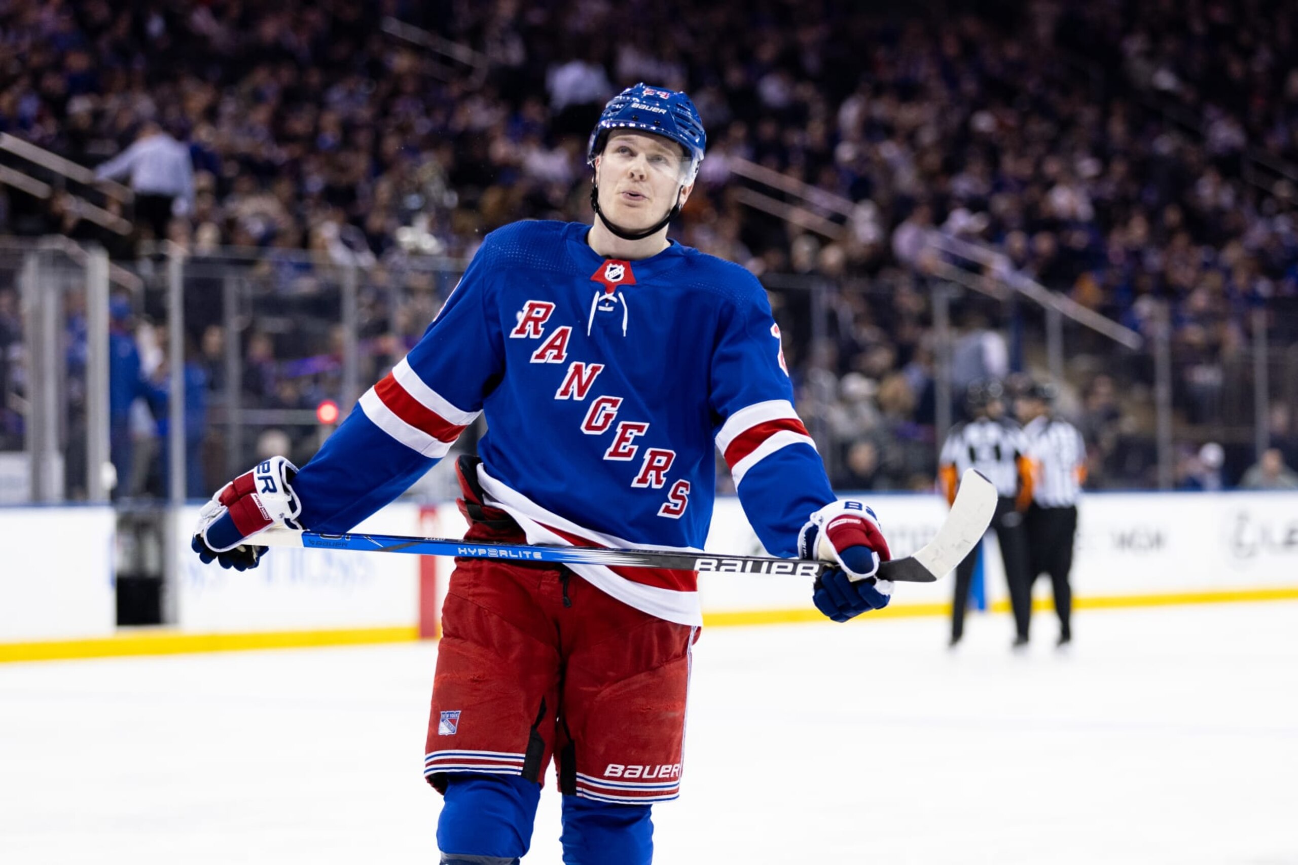 NEW YORK, NEW YORK - APRIL 11: Kaapo Kakko #24 of the New York Rangers looks on during the first period of the game against the Philadelphia Flyers at Madison Square Garden on April 11, 2024 in New York City. (Photo by Dustin Satloff/Getty Images)