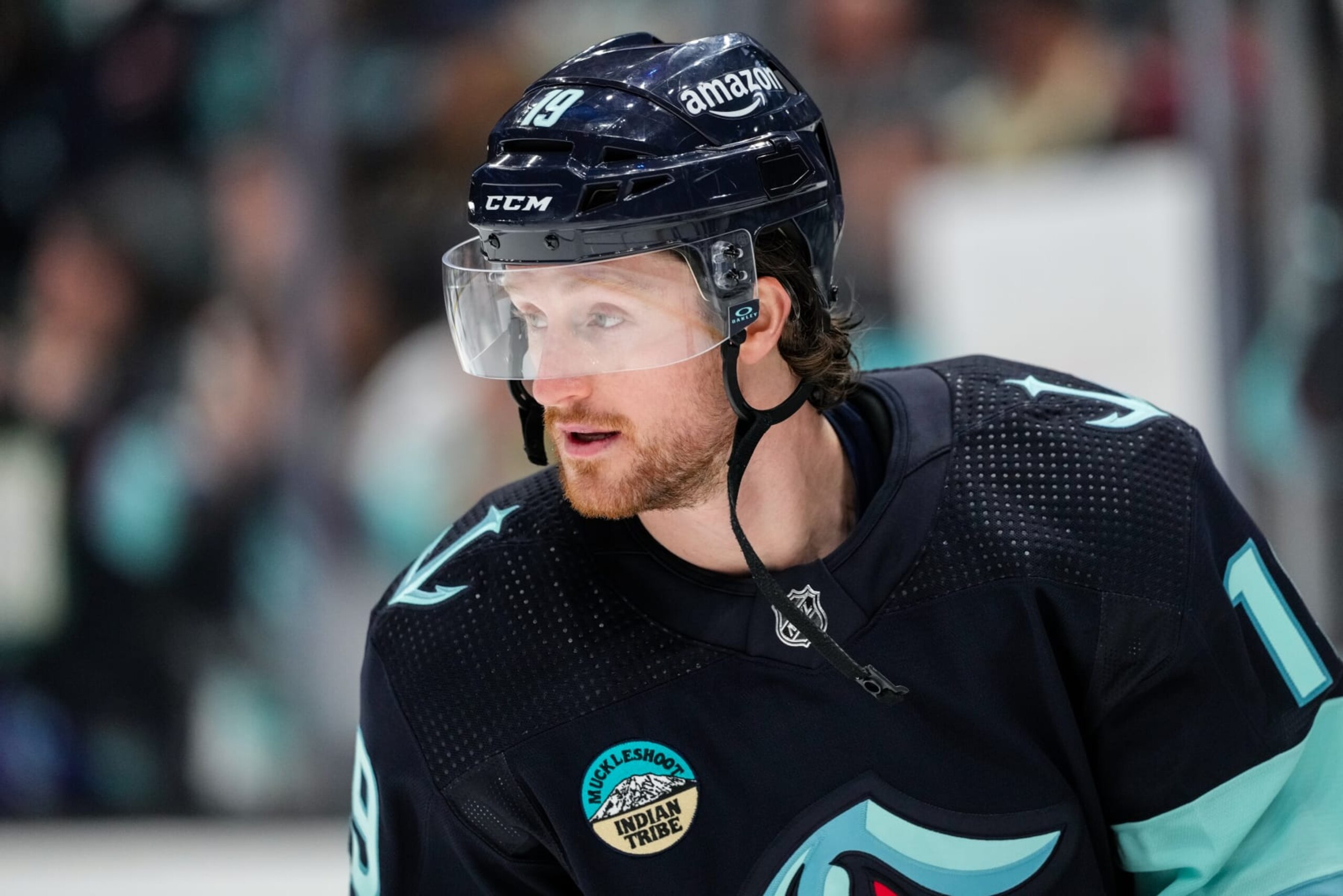 SEATTLE, WASHINGTON - APRIL 11: Jared McCann #19 of the Seattle Kraken skates during warm ups ahead of a game against the San Jose Sharks at Climate Pledge Arena on April 11, 2024 in Seattle, Washington. (Photo by Christopher Mast/NHLI via Getty Images)