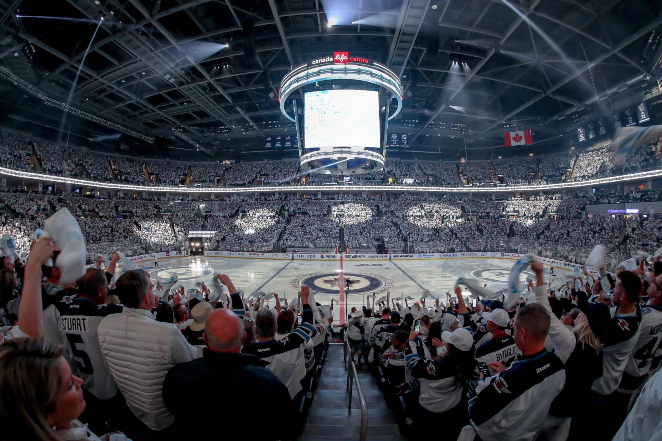 WINNIPEG, CANADA - APRIL 23: Winnipeg Jets fans cheer and wave white towels prior to puck drop between the Jets and the Colorado Avalanche in Game Two of the First Round of the 2024 Stanley Cup Playoffs at the Canada Life Centre on April 23, 2024 in Winnipeg, Manitoba, Canada. (Photo by Darcy Finley/NHLI via Getty Images)