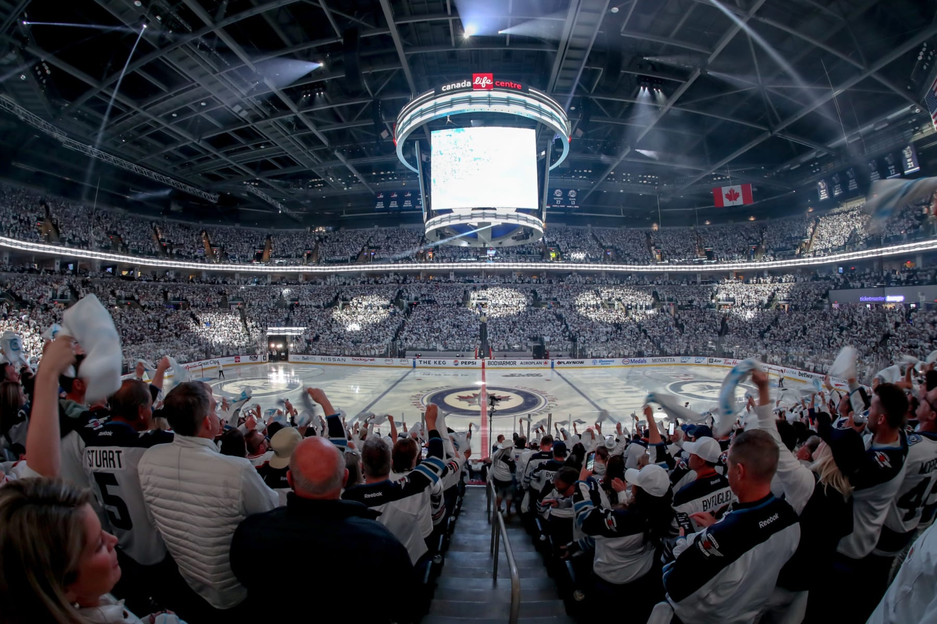 WINNIPEG, CANADA - APRIL 23: Winnipeg Jets fans cheer and wave white towels prior to puck drop between the Jets and the Colorado Avalanche in Game Two of the First Round of the 2024 Stanley Cup Playoffs at the Canada Life Centre on April 23, 2024 in Winnipeg, Manitoba, Canada. (Photo by Darcy Finley/NHLI via Getty Images)