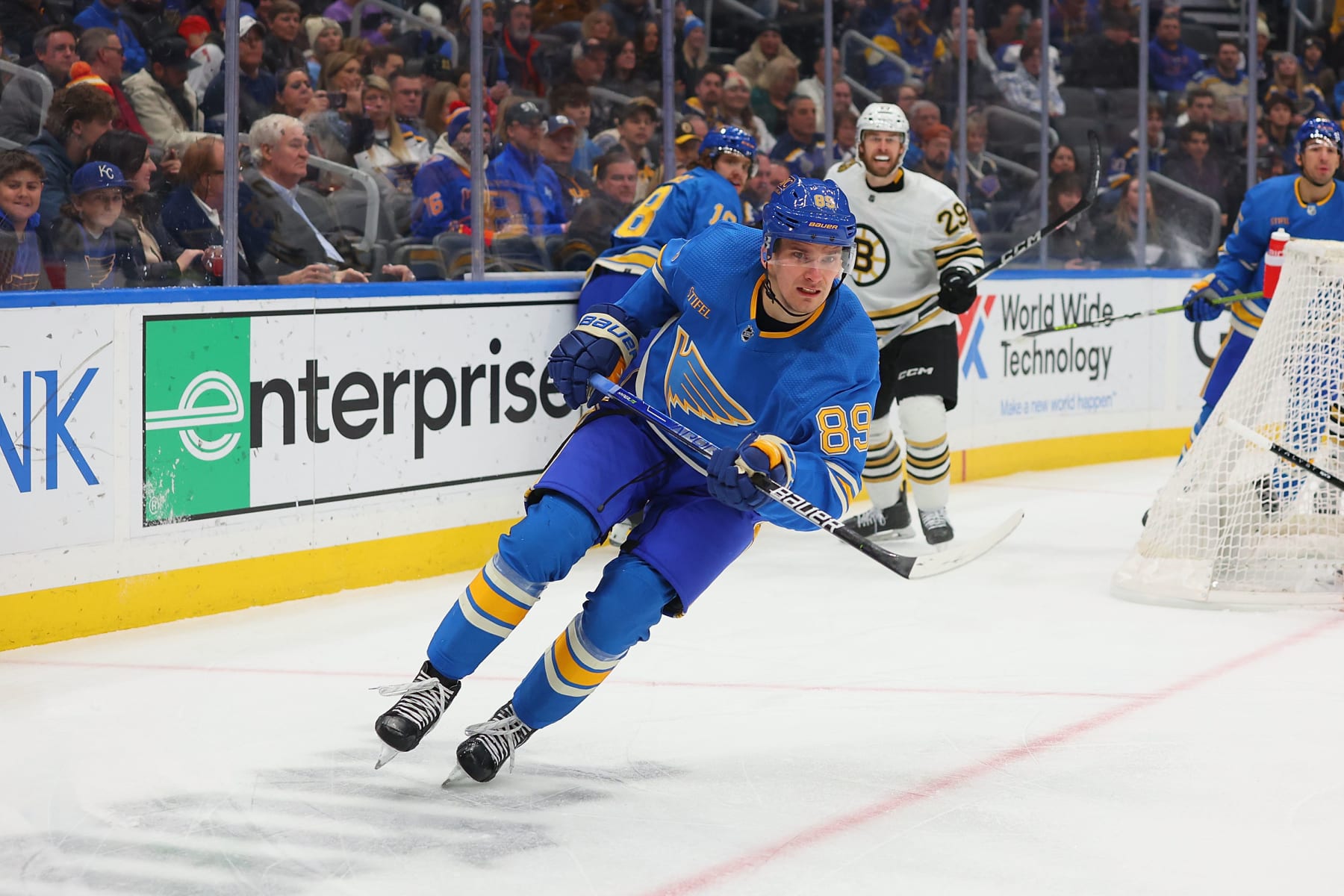 ST LOUIS, MISSOURI - JANUARY 13: Pavel Buchnevich #89 of the St. Louis Blues skates against the Boston Bruins at Enterprise Center on January 13, 2024 in St Louis, Missouri. (Photo by Dilip Vishwanat/Getty Images)