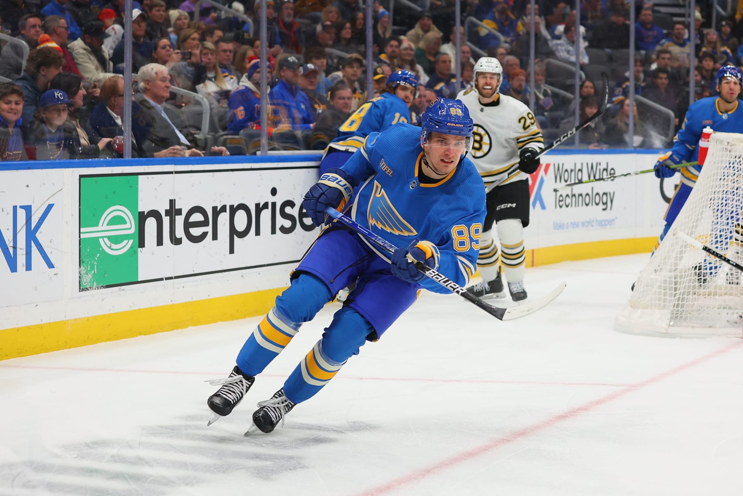 ST LOUIS, MISSOURI - JANUARY 13: Pavel Buchnevich #89 of the St. Louis Blues skates against the Boston Bruins at Enterprise Center on January 13, 2024 in St Louis, Missouri. (Photo by Dilip Vishwanat/Getty Images)
