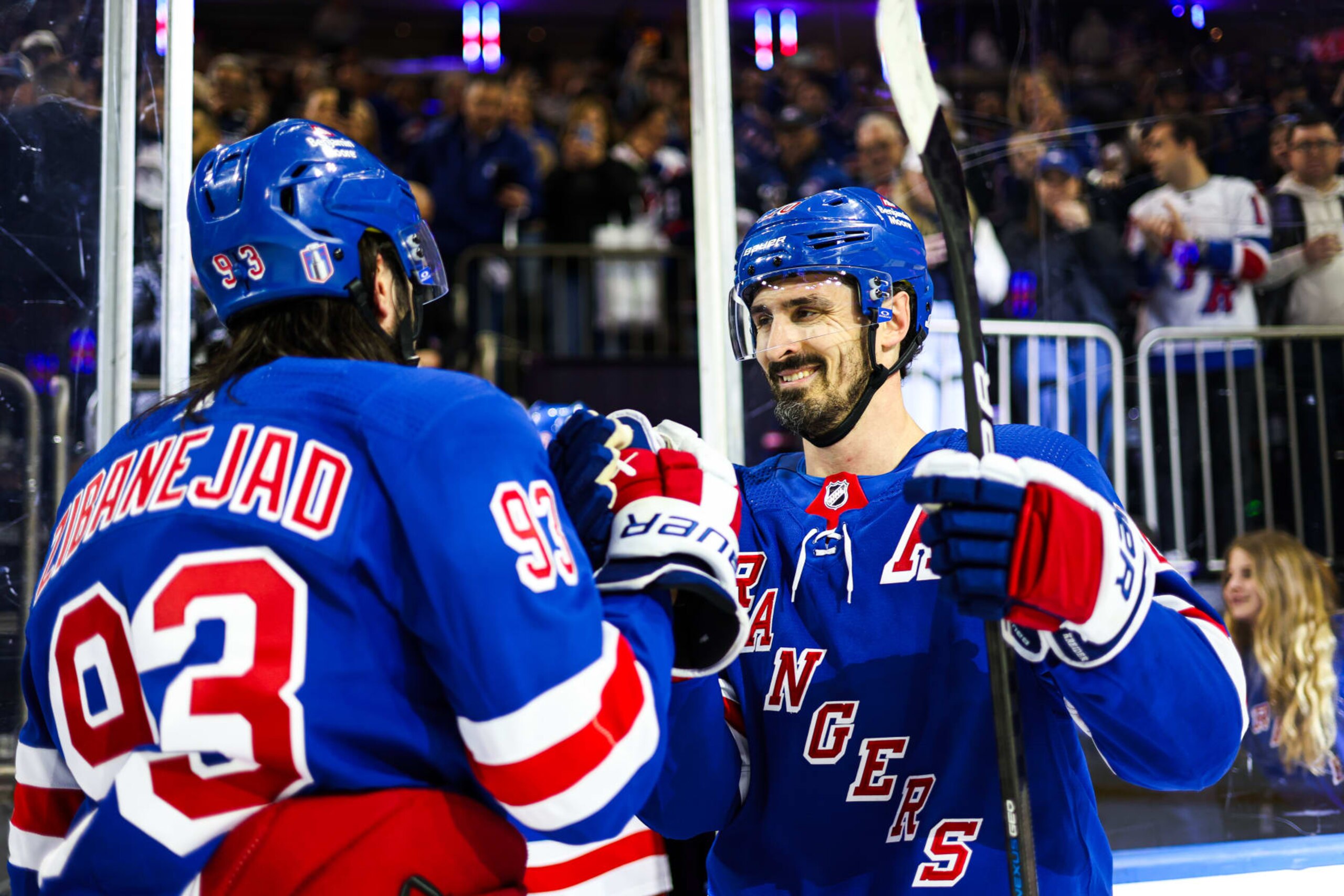 NEW YORK, NEW YORK - APRIL 23: Chris Kreider #20 and Mika Zibanejad #93 of the New York Rangers celebrate after their win against the Washington Capitals in Game Two of the First Round of the 2024 Stanley Cup Playoffs at Madison Square Garden on April 23, 2024 in New York City. (Photo by Jared Silber/NHLI via Getty Images)