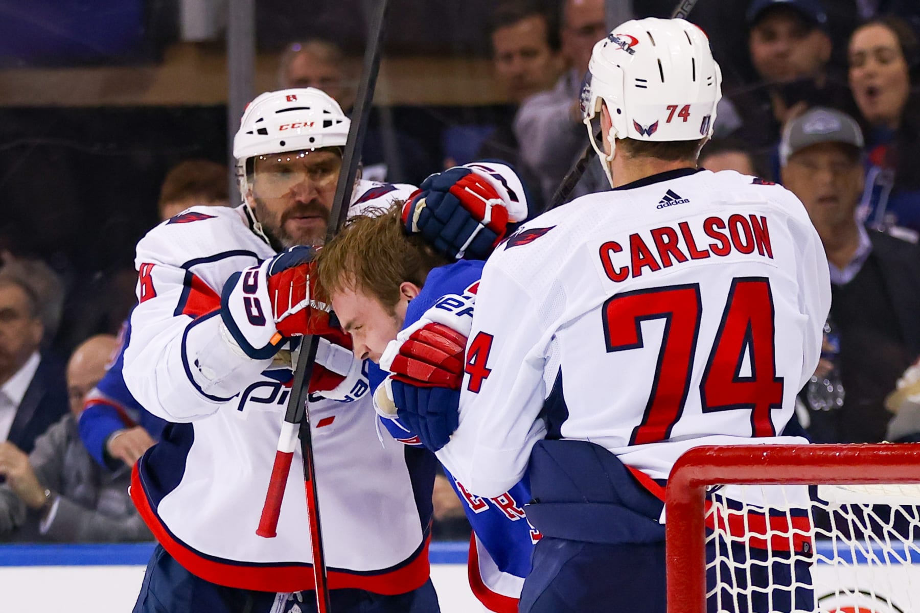 NEW YORK, NY - APRIL 23: Washington Capitals Left Wing Alex Ovechkin (8) punches New York Rangers Defenseman Ryan Lindgren (55) during the third period of the National Hockey League Stanley Cup Playoffs Eastern Conference First Round game between the Washington Capitals and the New York Rangers on April 23, 2024 at Madison Square Garden in New York, NY. (Photo by Joshua Sarner/Icon Sportswire via Getty Images)