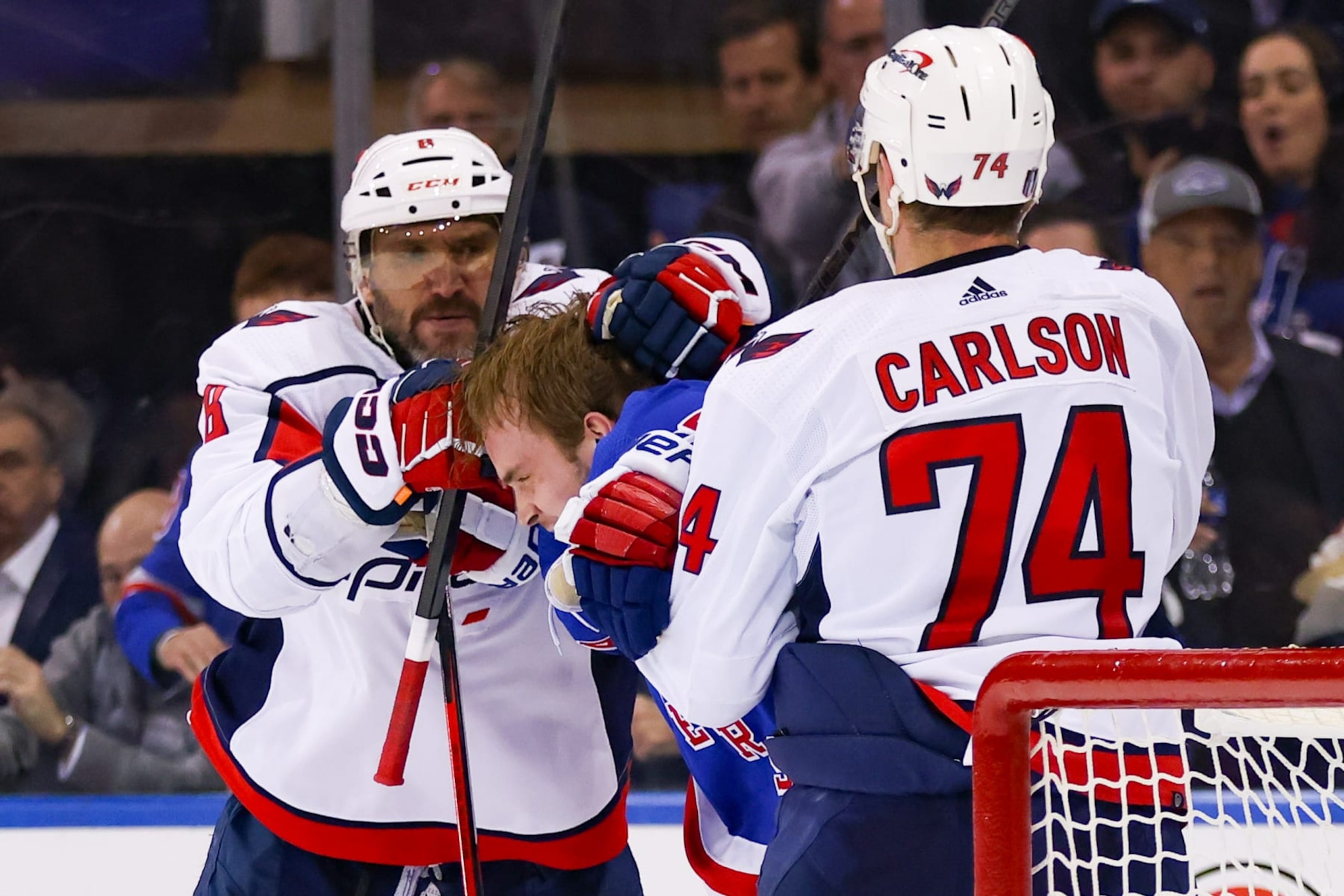NEW YORK, NY - APRIL 23: Washington Capitals Left Wing Alex Ovechkin (8) punches New York Rangers Defenseman Ryan Lindgren (55) during the third period of the National Hockey League Stanley Cup Playoffs Eastern Conference First Round game between the Washington Capitals and the New York Rangers on April 23, 2024 at Madison Square Garden in New York, NY. (Photo by Joshua Sarner/Icon Sportswire via Getty Images)