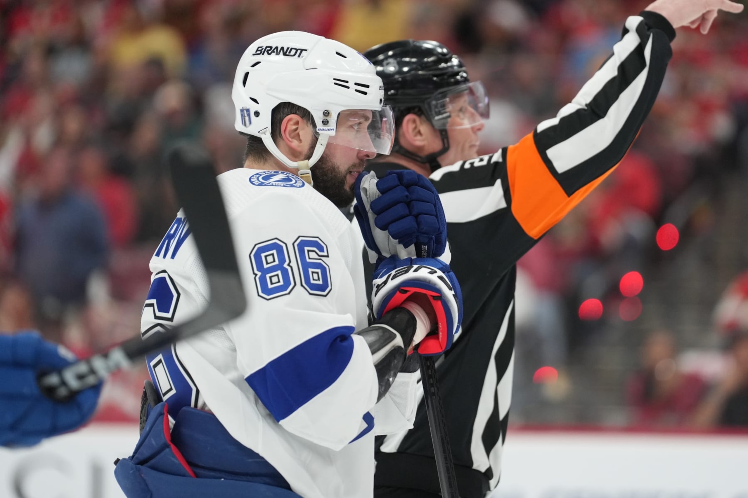 SUNRISE, FL - APRIL 23: Tampa Bay Lightning right wing Nikita Kucherov (86) watches a scrum a the Florida net in the second periodduring game two of the Eastern Conference First Round between the Tampa Bay Lightning and the Florida Panthers at Amerant Bank Arena, Sunrise, Fla. (Photo by Peter Joneleit/Icon Sportswire via Getty Images)