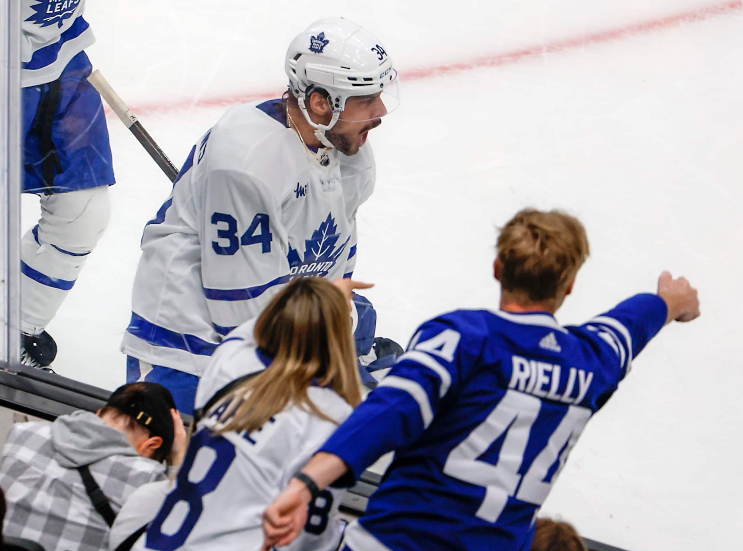 Boston, MA - April 22: Toronto Maple Leafs center Auston Matthews celebrates his game winning goal in the third period. (Photo by Matthew J. Lee/The Boston Globe via Getty Images)