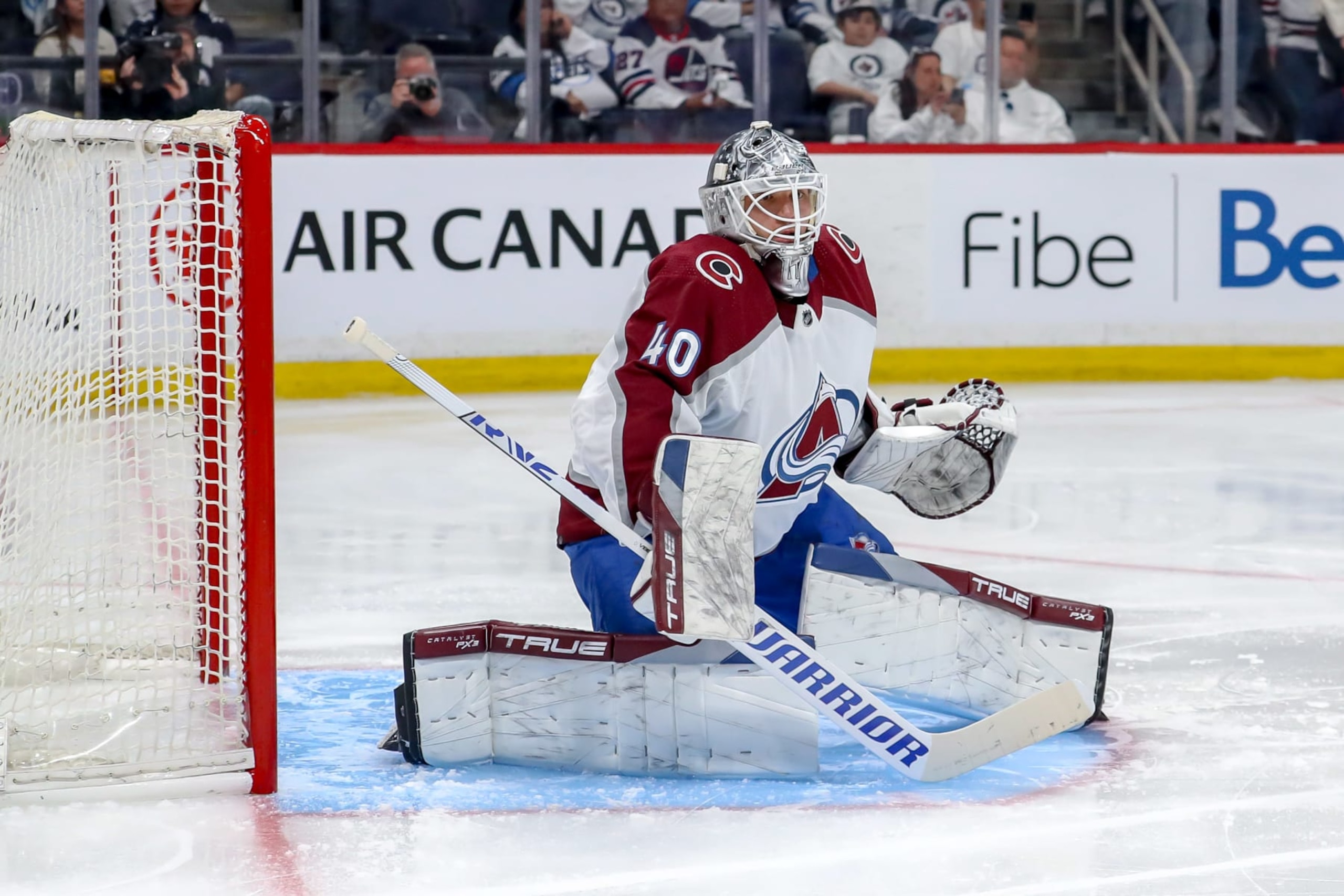 WINNIPEG, CANADA - APRIL 21: Goaltender Alexandar Georgiev #40 of the Colorado Avalanche guards the net during second period action against the Winnipeg Jets in Game One of the First Round of the 2024 Stanley Cup Playoffs at the Canada Life Centre on April 21, 2024 in Winnipeg, Manitoba, Canada. (Photo by Darcy Finley/NHLI via Getty Images)