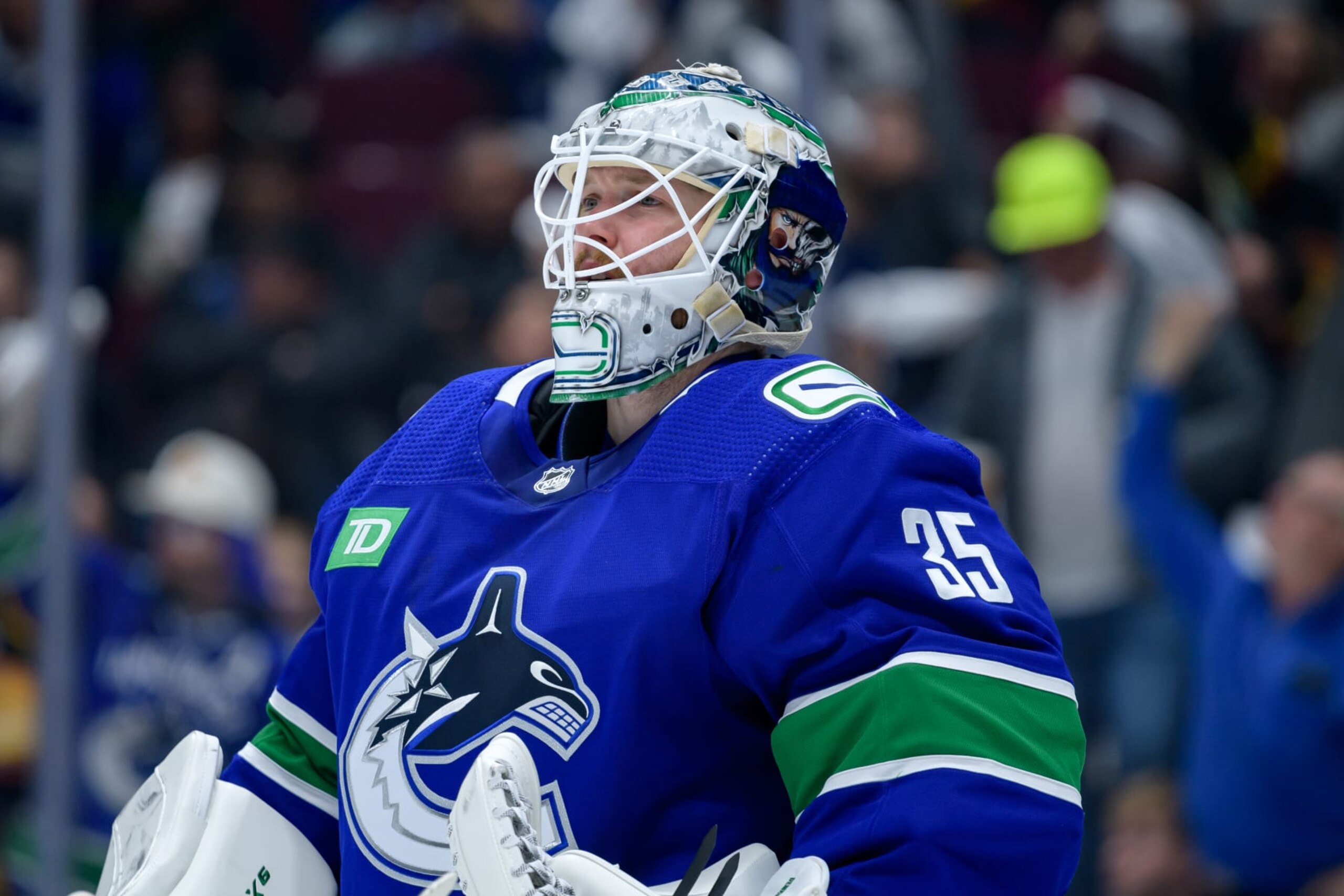VANCOUVER, CANADA - APRIL 21: Thatcher Demko #35 of the Vancouver Canucks looks on prior to the start of the third period against the Nashville Predators in Game One of the First Round of the 2024 Stanley Cup Playoffs against the Nashville Predators at Rogers Arena on April 21, 2024 in Vancouver, British Columbia, Canada. (Photo by Derek Cain/Getty Images)